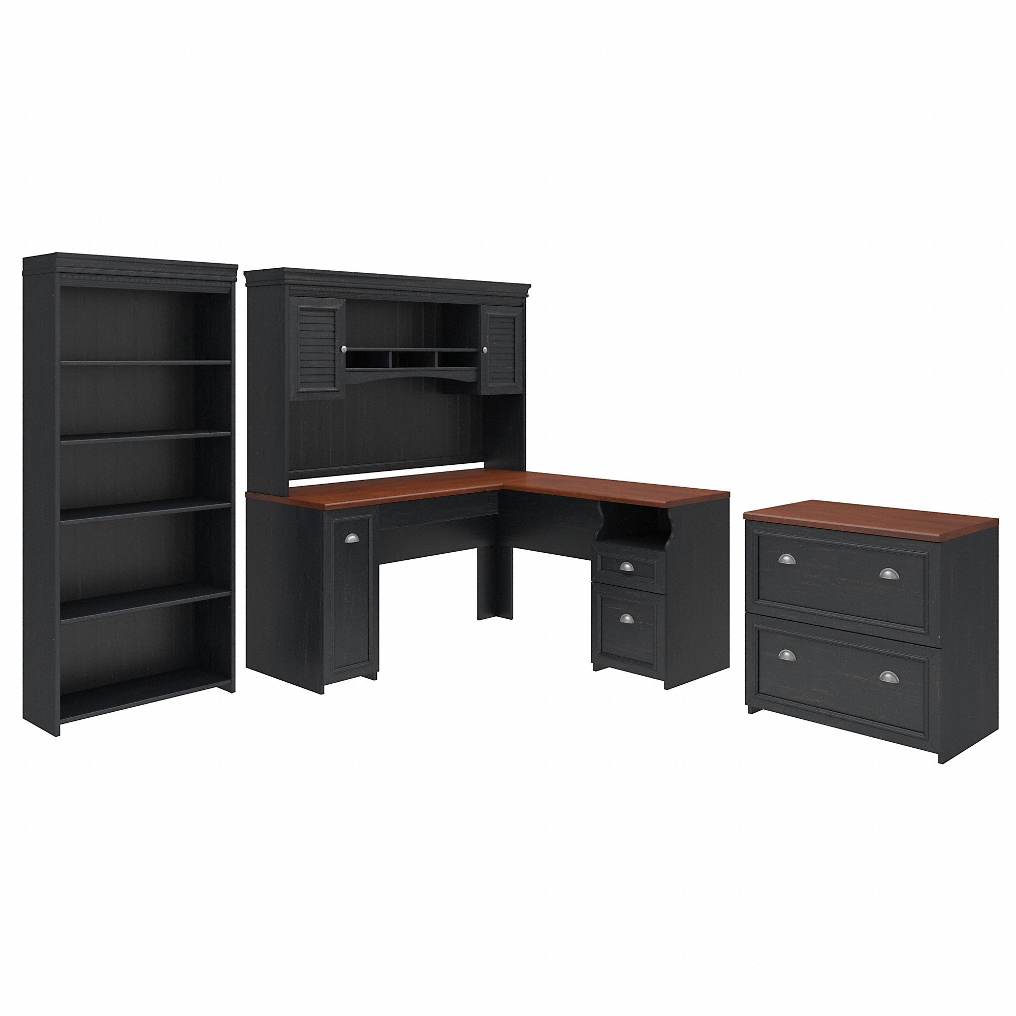 Bush Furniture Fairview 60W L Shaped Desk with Hutch, Lateral File Cabinet and 5 Shelf Bookcase