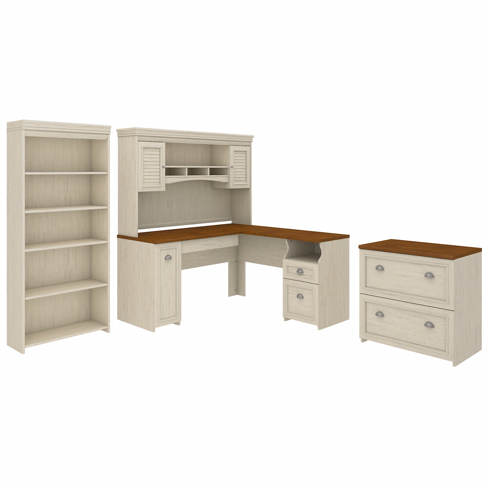 Bush Furniture Fairview 60W L Shaped Desk with Hutch, Lateral File Cabinet and 5 Shelf Bookcase