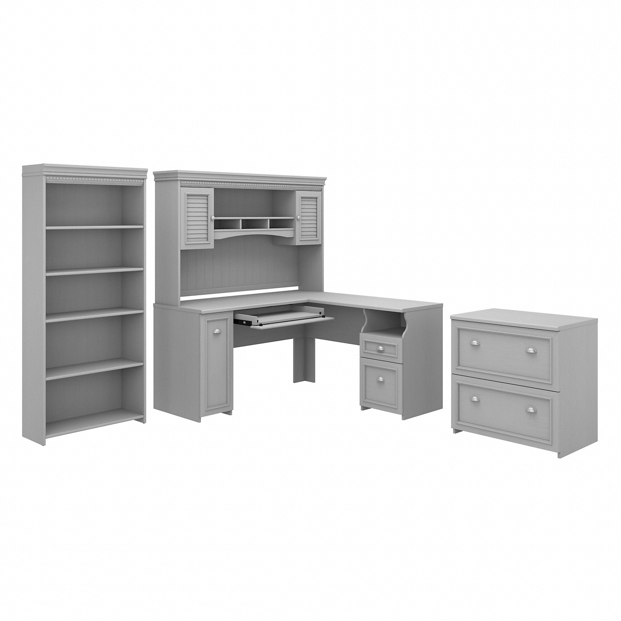 Bush Furniture Fairview 60W L Shaped Desk with Hutch, Lateral File Cabinet and 5 Shelf Bookcase