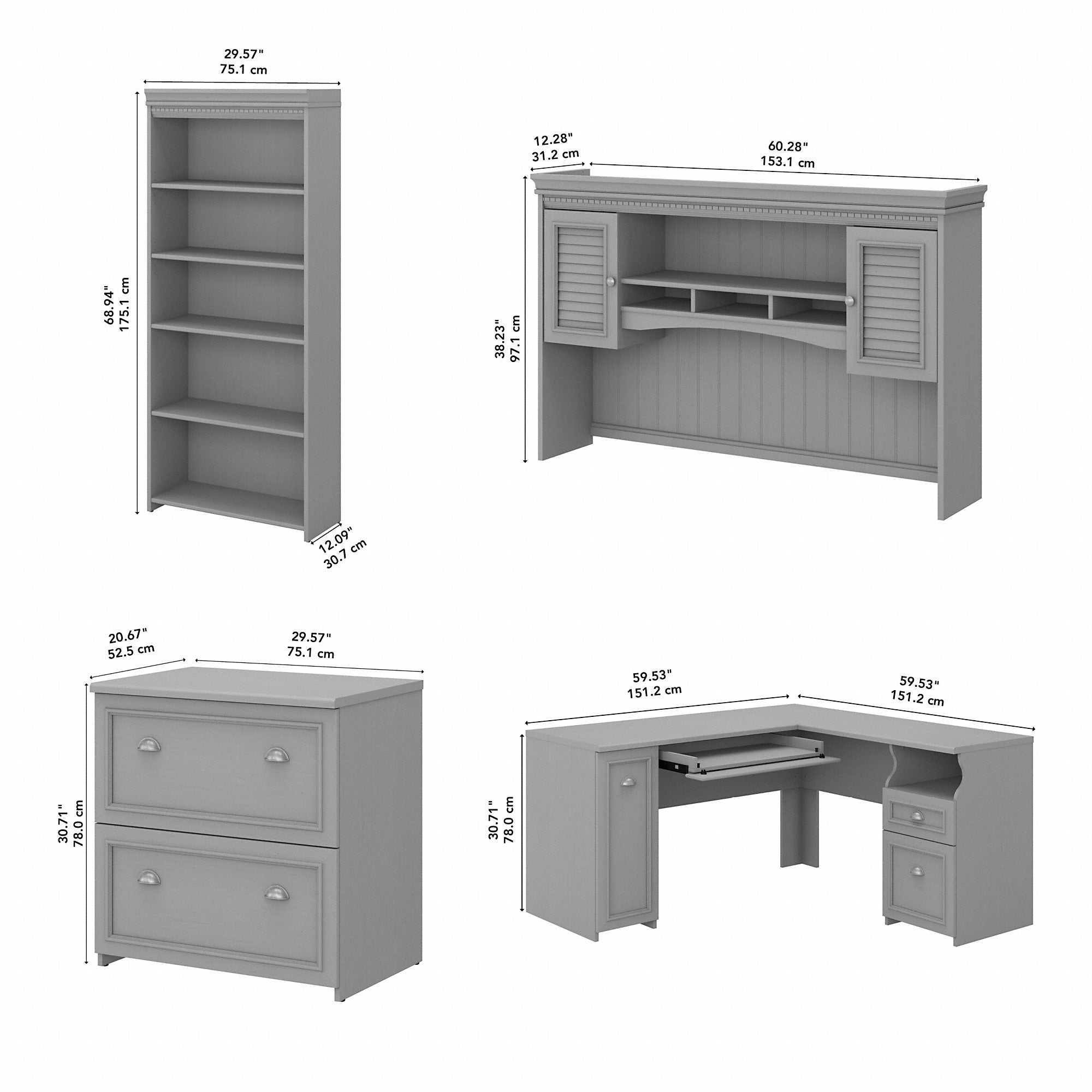 Bush Furniture Fairview 60W L Shaped Desk with Hutch, Lateral File Cabinet and 5 Shelf Bookcase