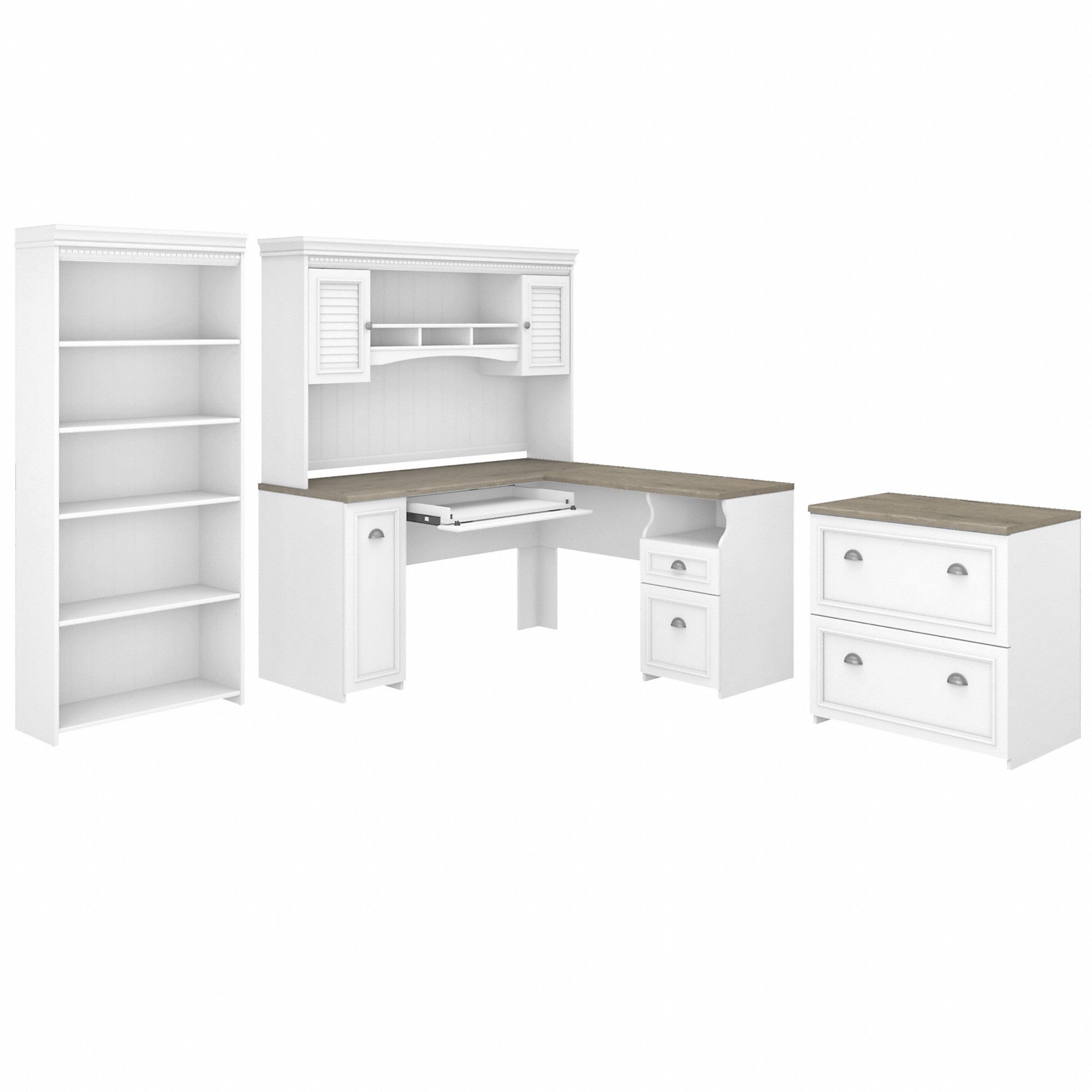 Bush Furniture Fairview 60W L Shaped Desk with Hutch, Lateral File Cabinet and 5 Shelf Bookcase