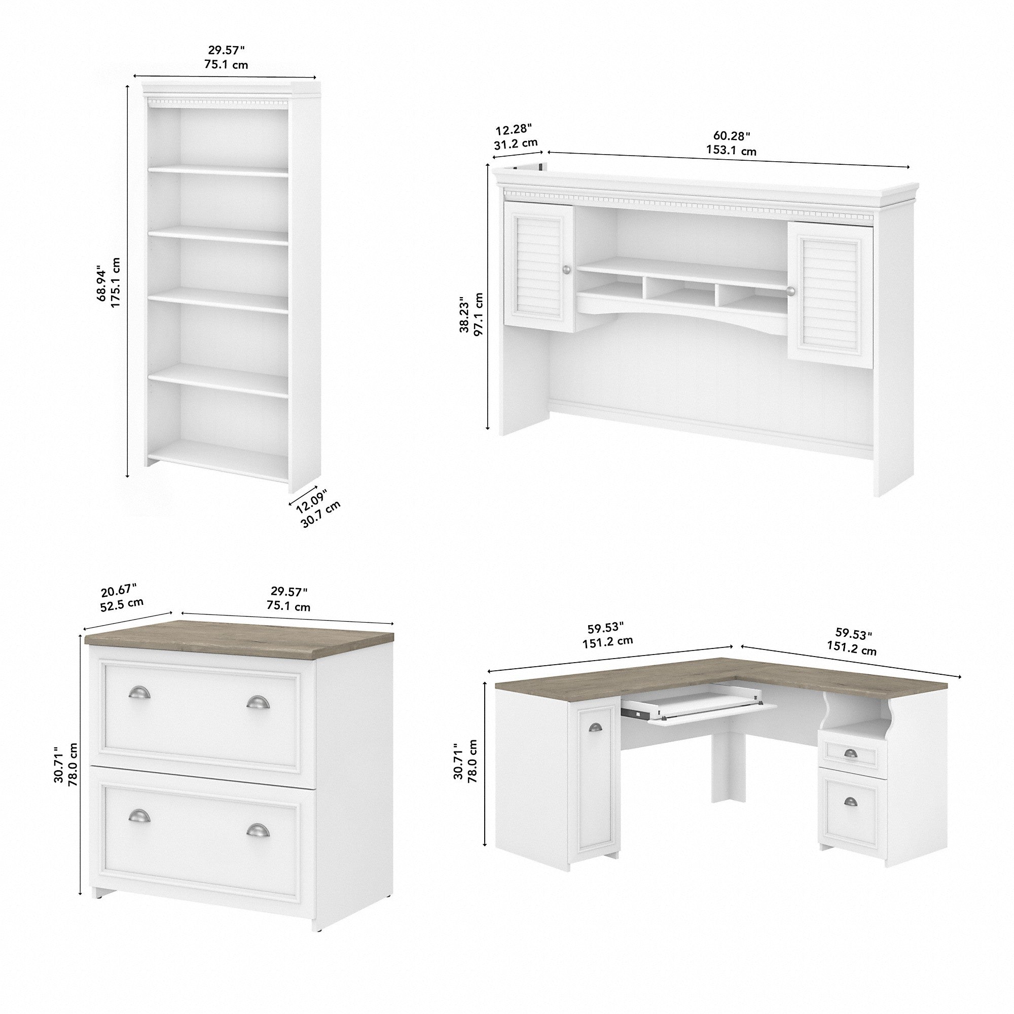 Bush Furniture Fairview 60W L Shaped Desk with Hutch, Lateral File Cabinet and 5 Shelf Bookcase