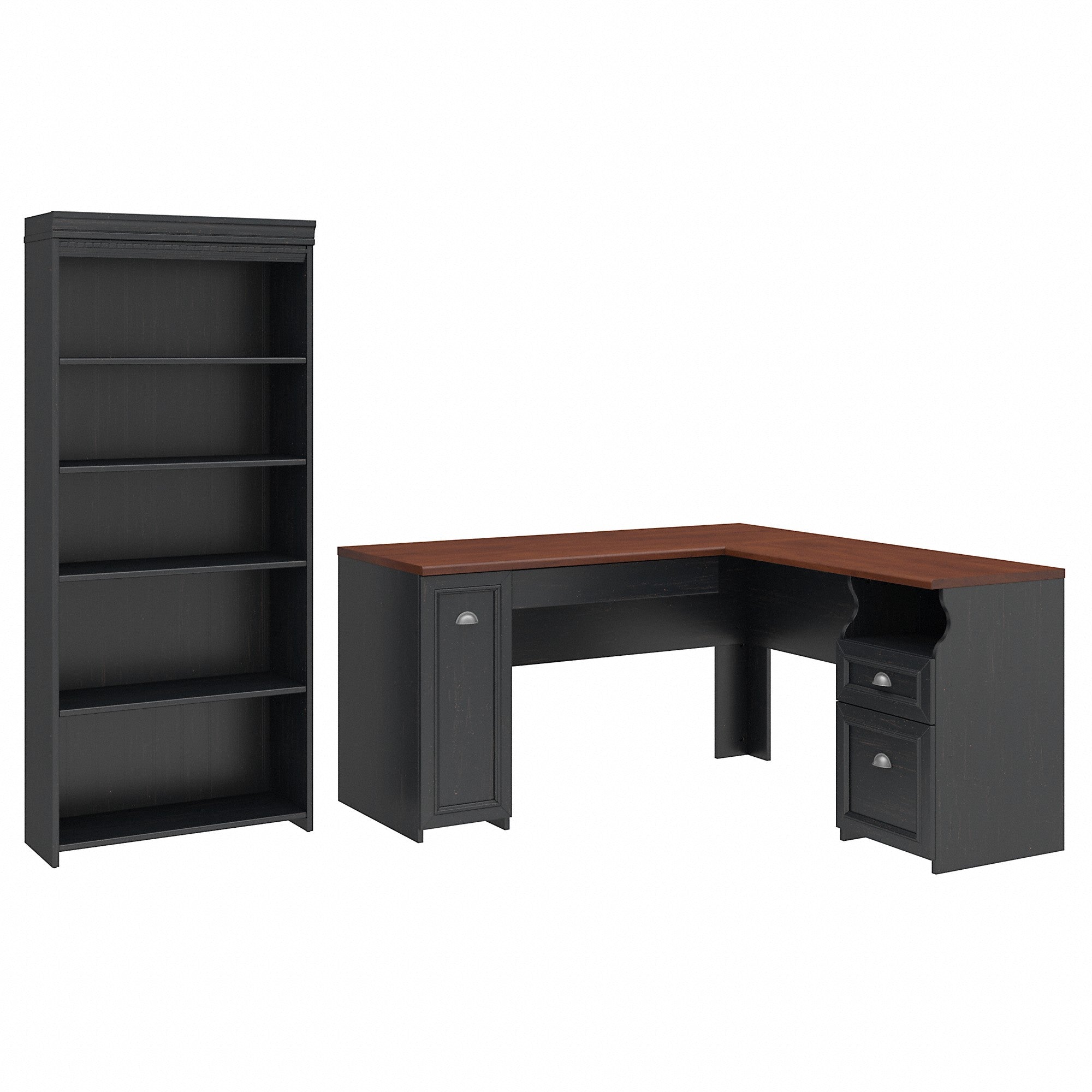 Bush Furniture Fairview 60W L Shaped Desk with 5 Shelf Bookcase