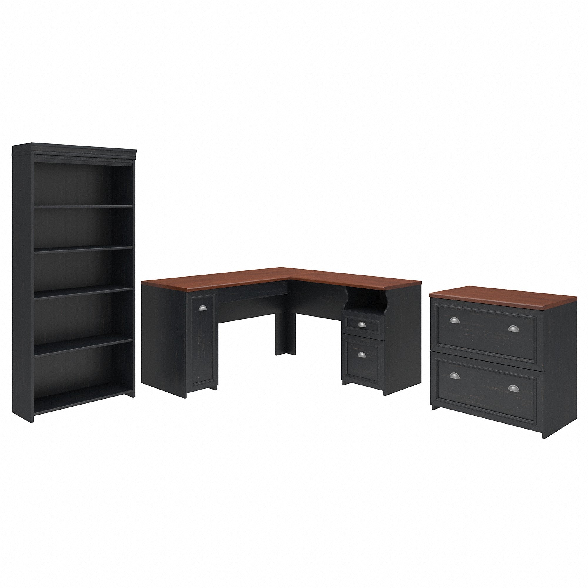 Bush Furniture Fairview 60W L Shaped Desk with Lateral File Cabinet and 5 Shelf Bookcase