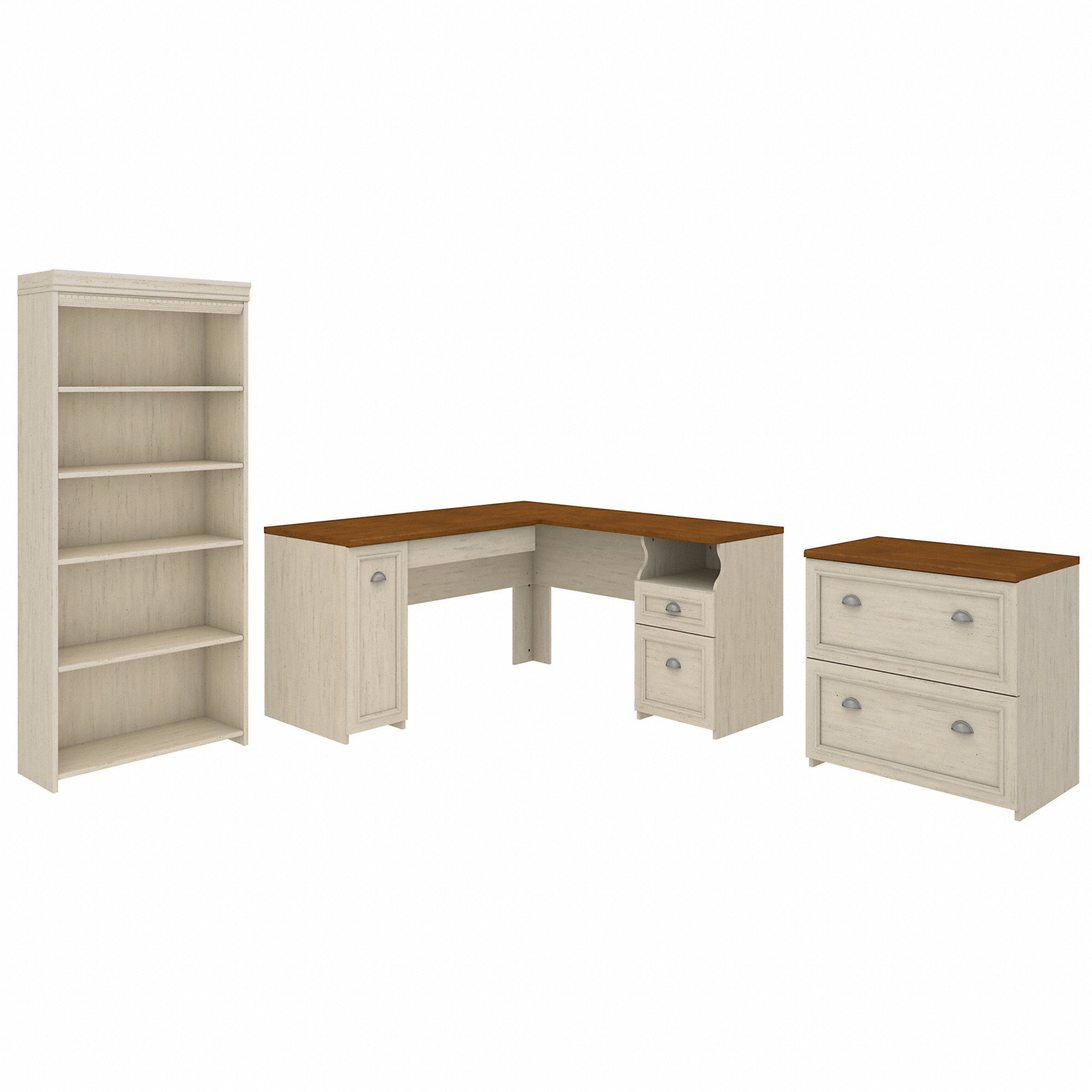 Bush Furniture Fairview 60W L Shaped Desk with Lateral File Cabinet and 5 Shelf Bookcase