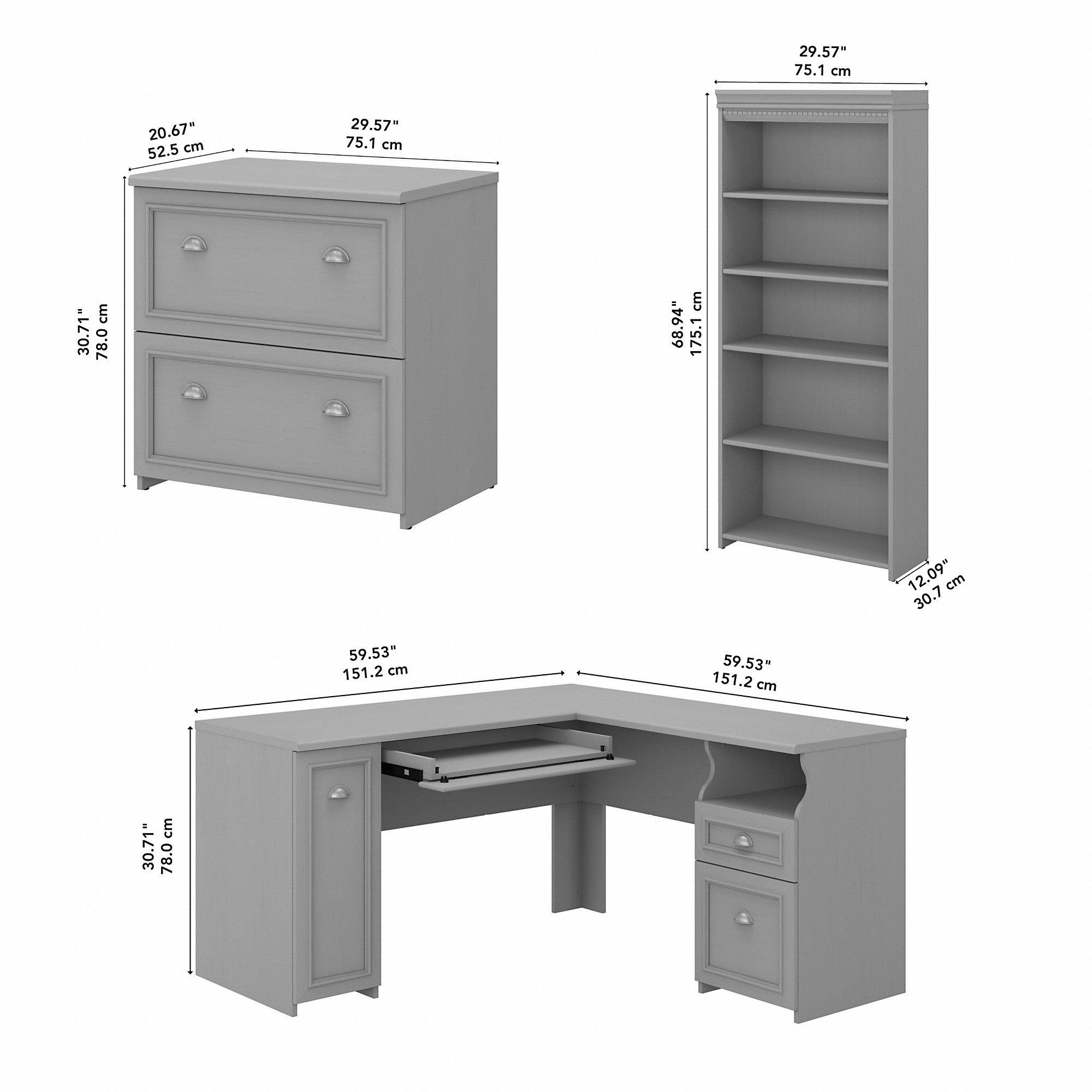 Bush Furniture Fairview 60W L Shaped Desk with Lateral File Cabinet and 5 Shelf Bookcase