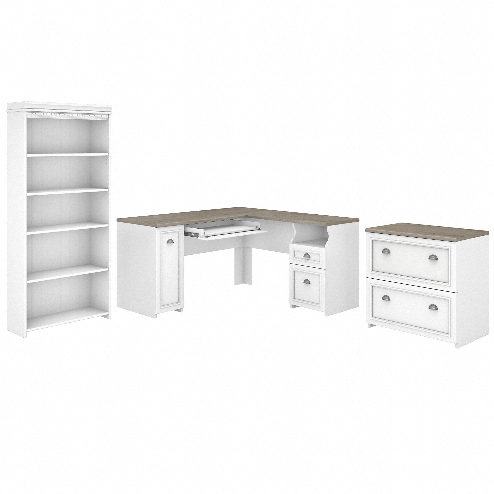 Bush Furniture Fairview 60W L Shaped Desk with Lateral File Cabinet and 5 Shelf Bookcase