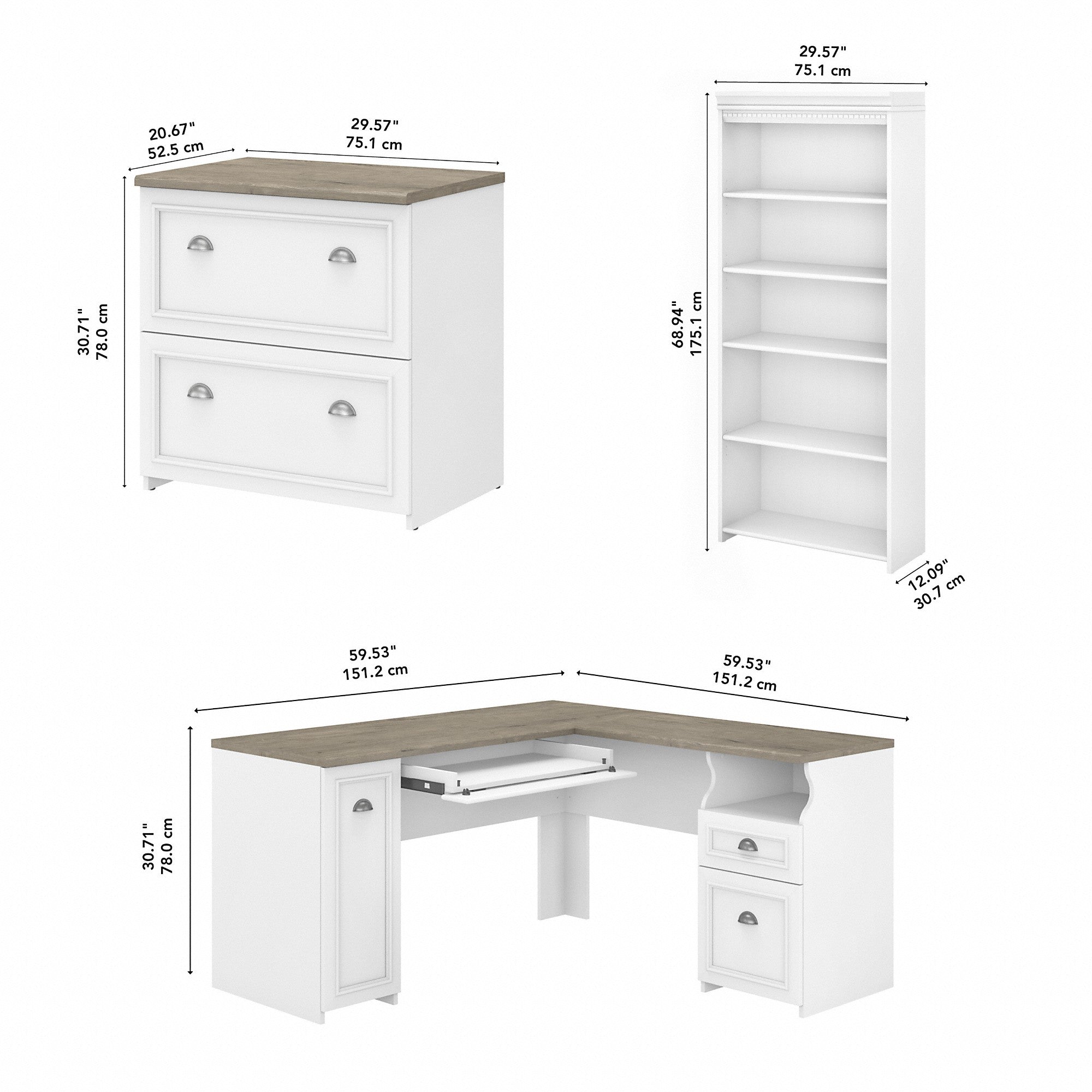 Bush Furniture Fairview 60W L Shaped Desk with Lateral File Cabinet and 5 Shelf Bookcase