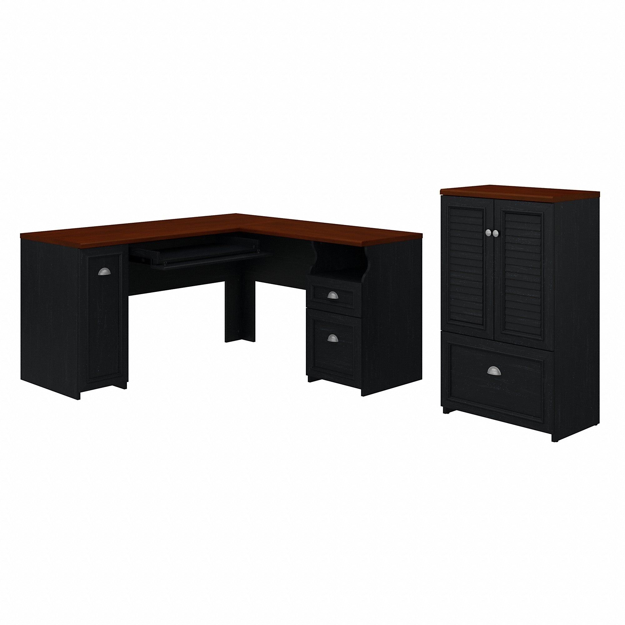 Bush Furniture Fairview 60W L Shaped Desk and 2 Door Storage Cabinet with File Drawer