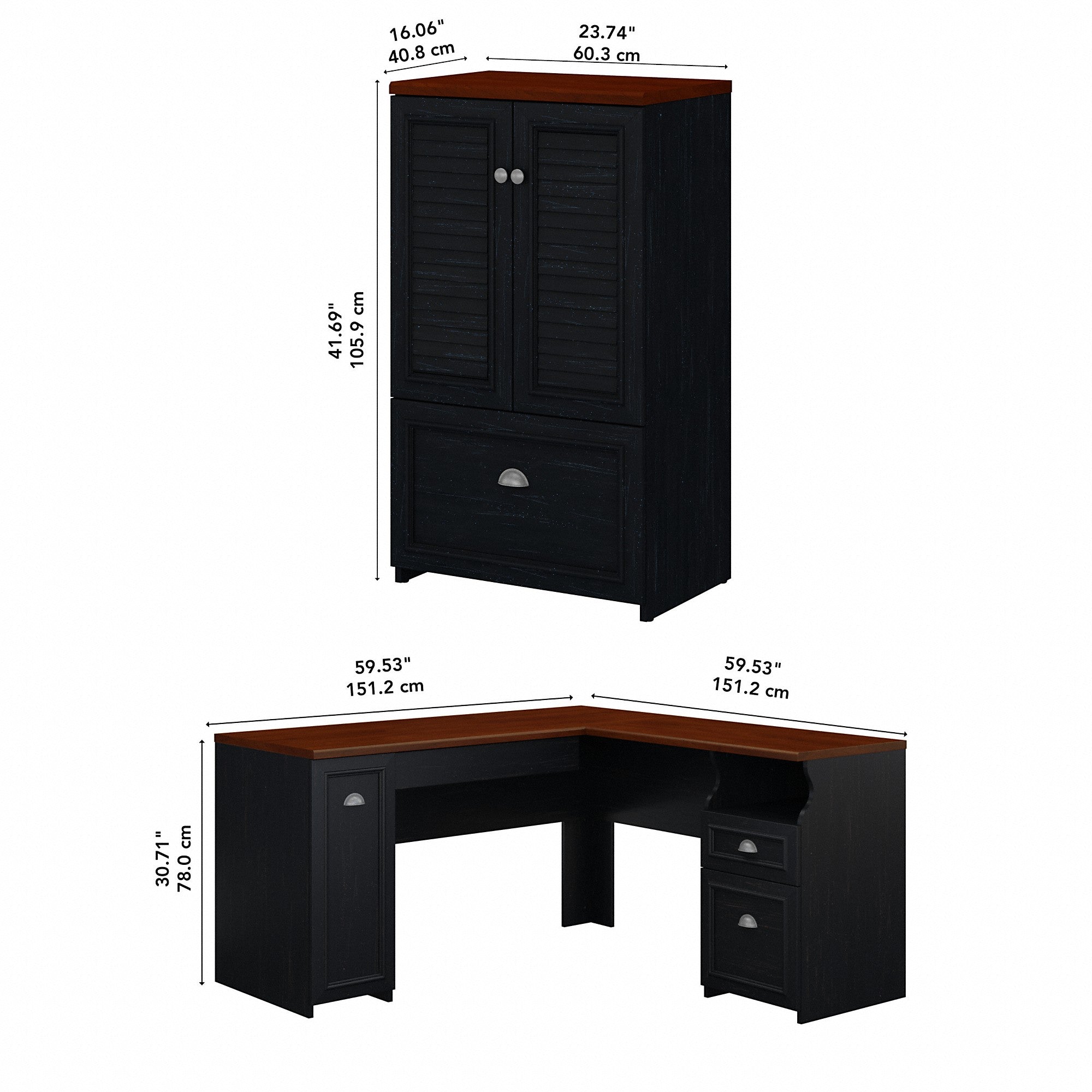 Bush Furniture Fairview 60W L Shaped Desk and 2 Door Storage Cabinet with File Drawer