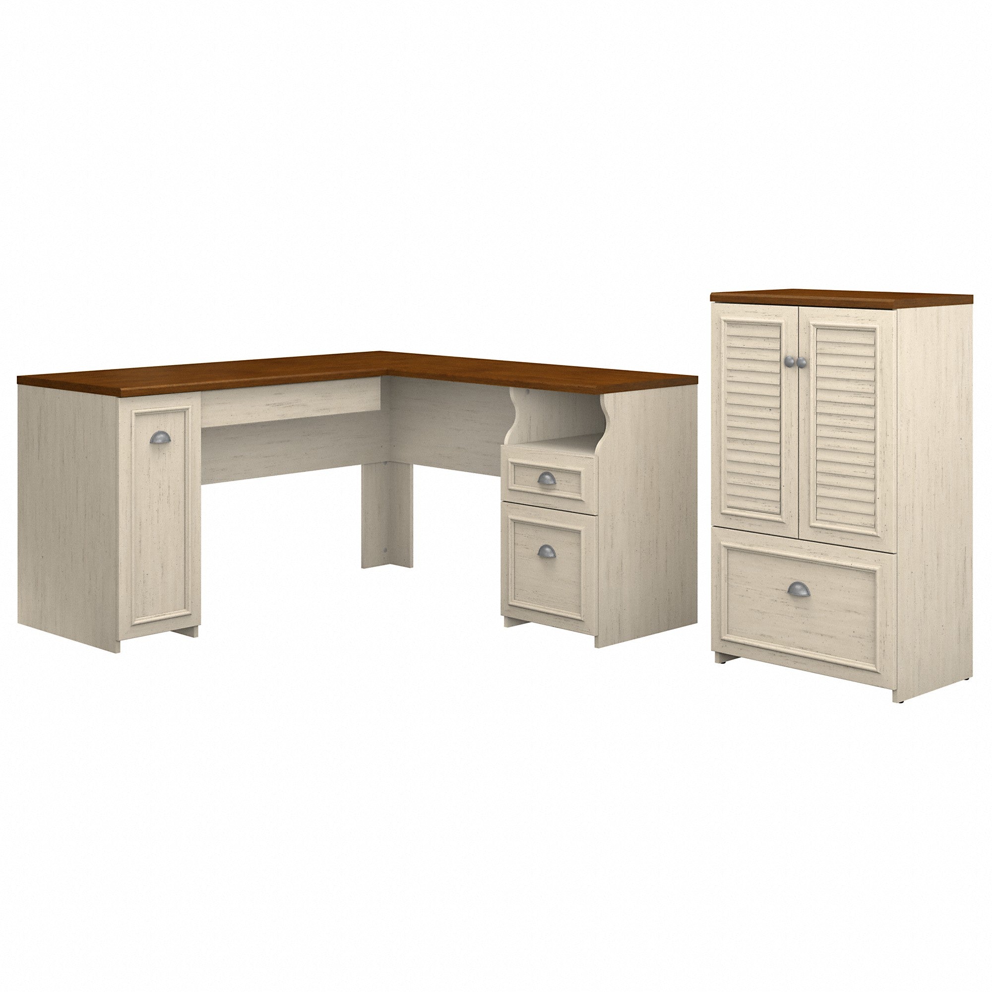 Bush Furniture Fairview 60W L Shaped Desk and 2 Door Storage Cabinet with File Drawer