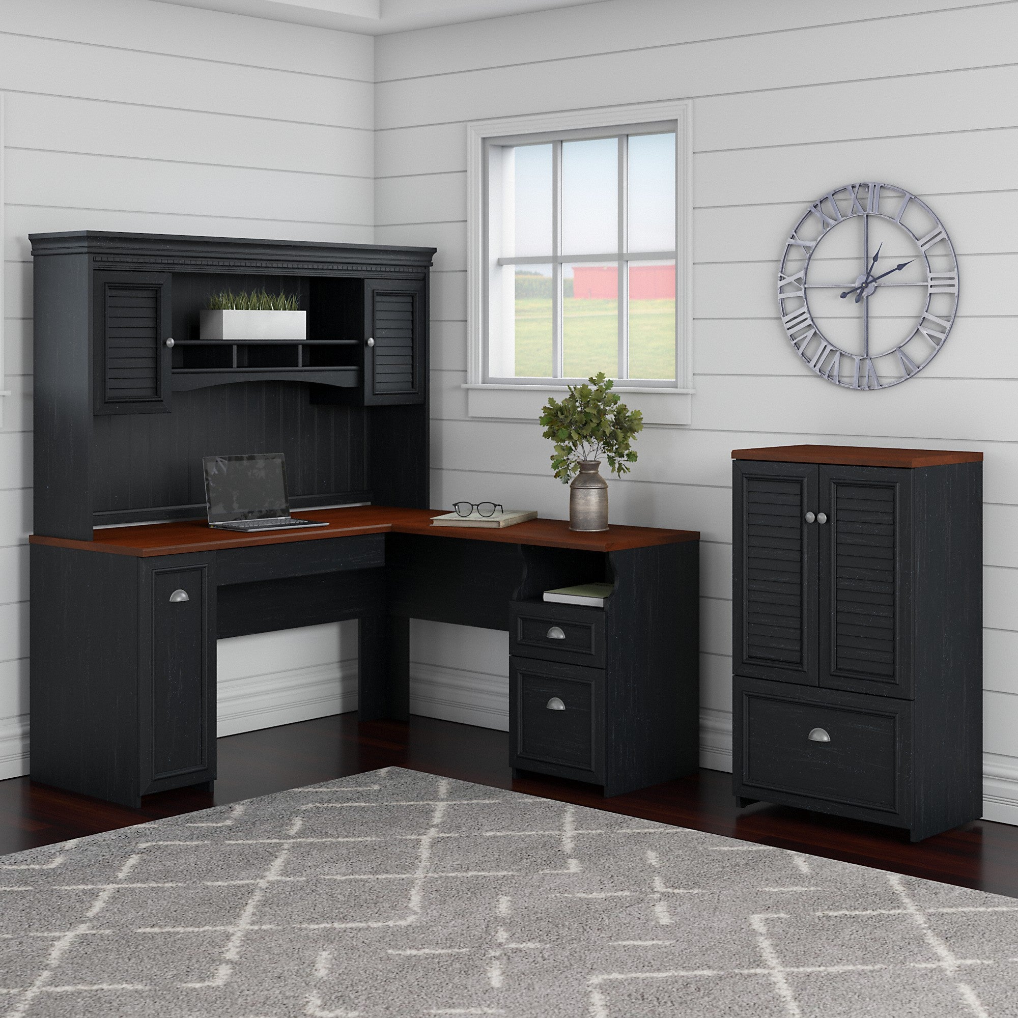 Bush Furniture Fairview 60W L Shaped Desk with Hutch and Storage Cabinet with File Drawer