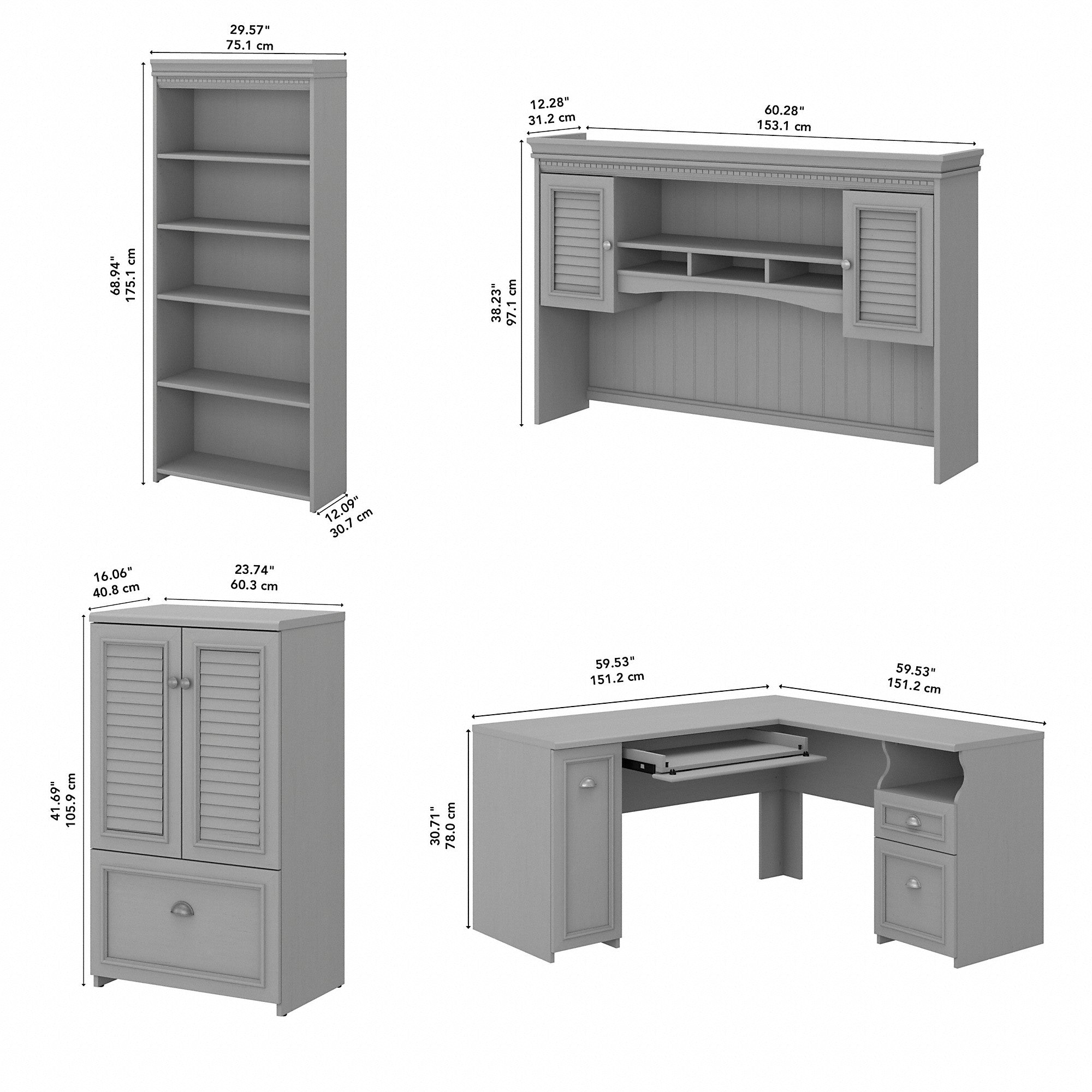 Bush Furniture Fairview 60W L Shaped Desk with Hutch, 5 Shelf Bookcase and Storage