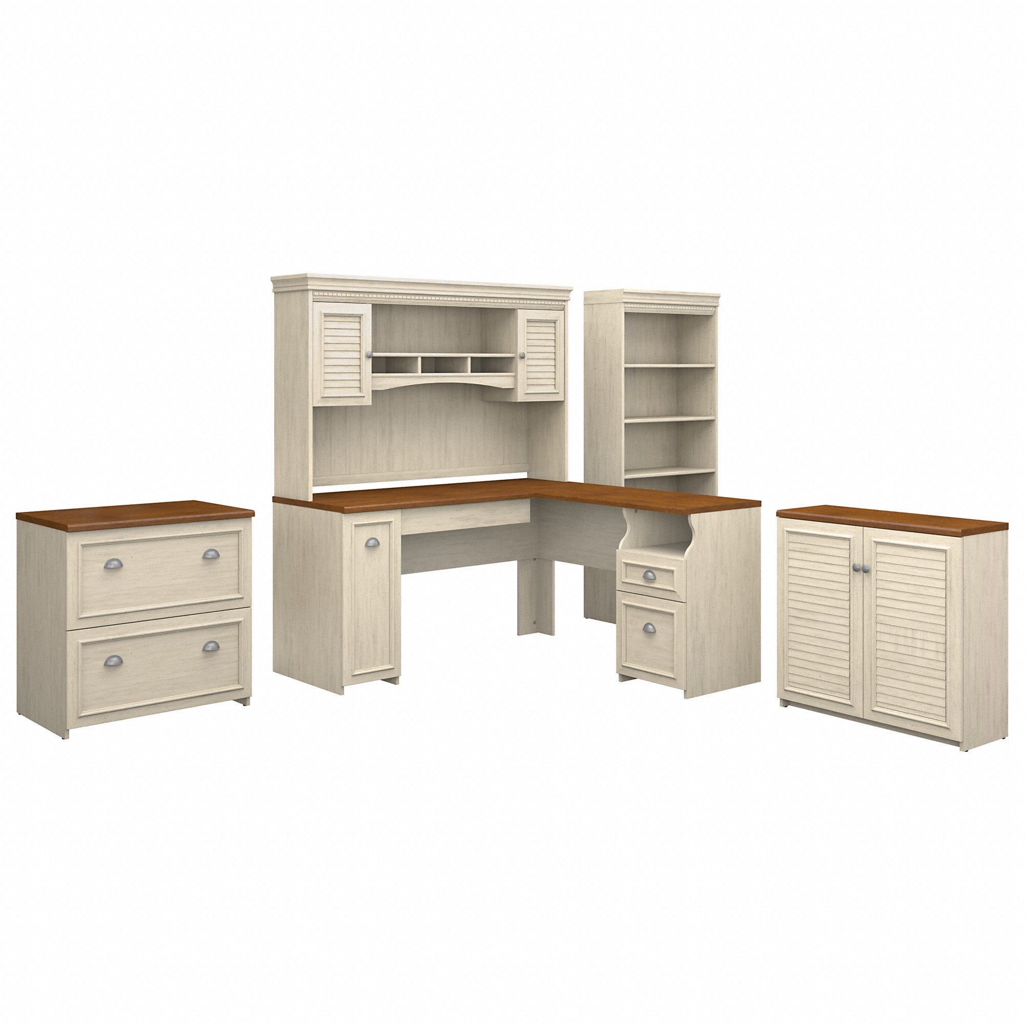 Bush Furniture Fairview 60W L Shaped Desk with Hutch, File Cabinet, Bookcase and Storage