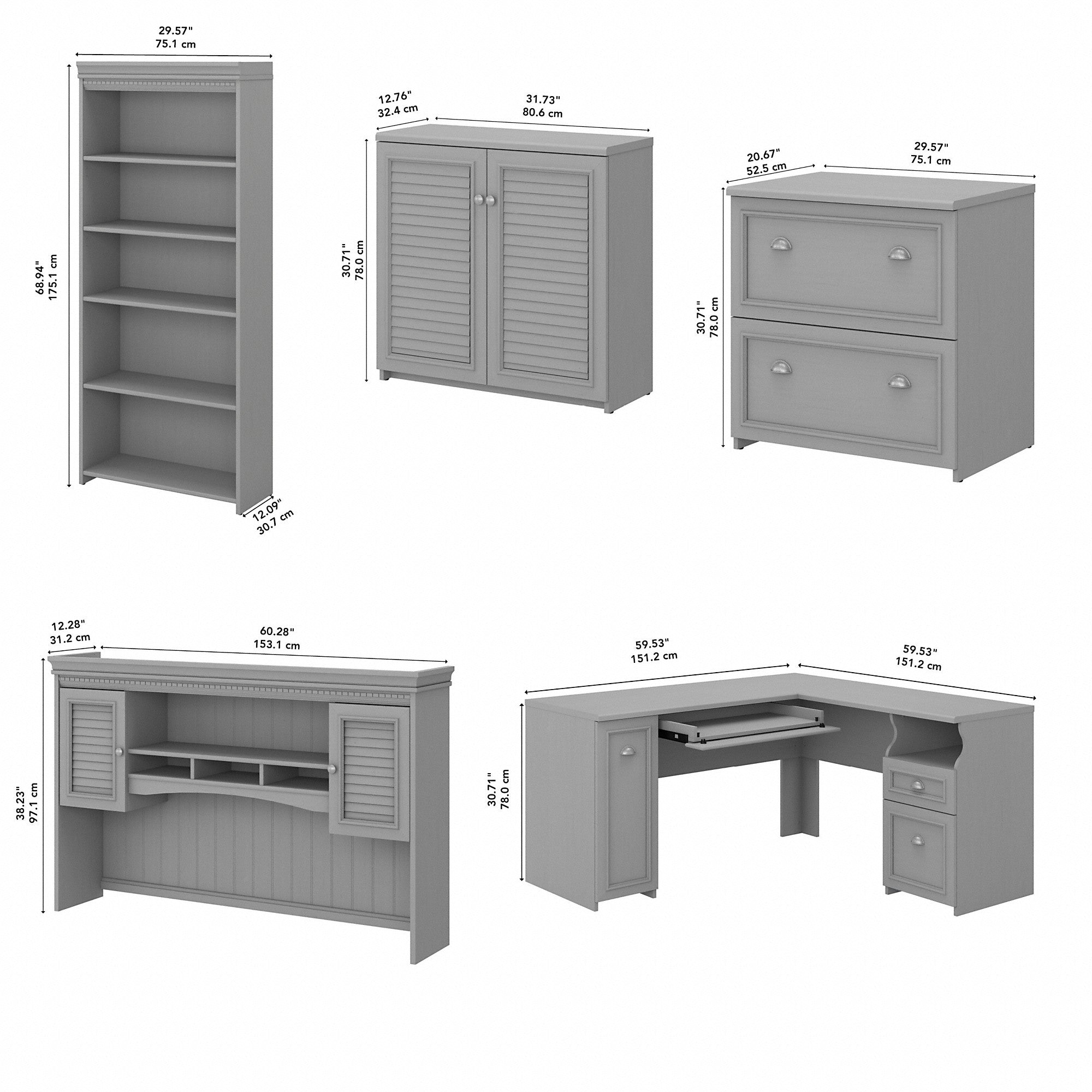 Bush Furniture Fairview 60W L Shaped Desk with Hutch, File Cabinet, Bookcase and Storage