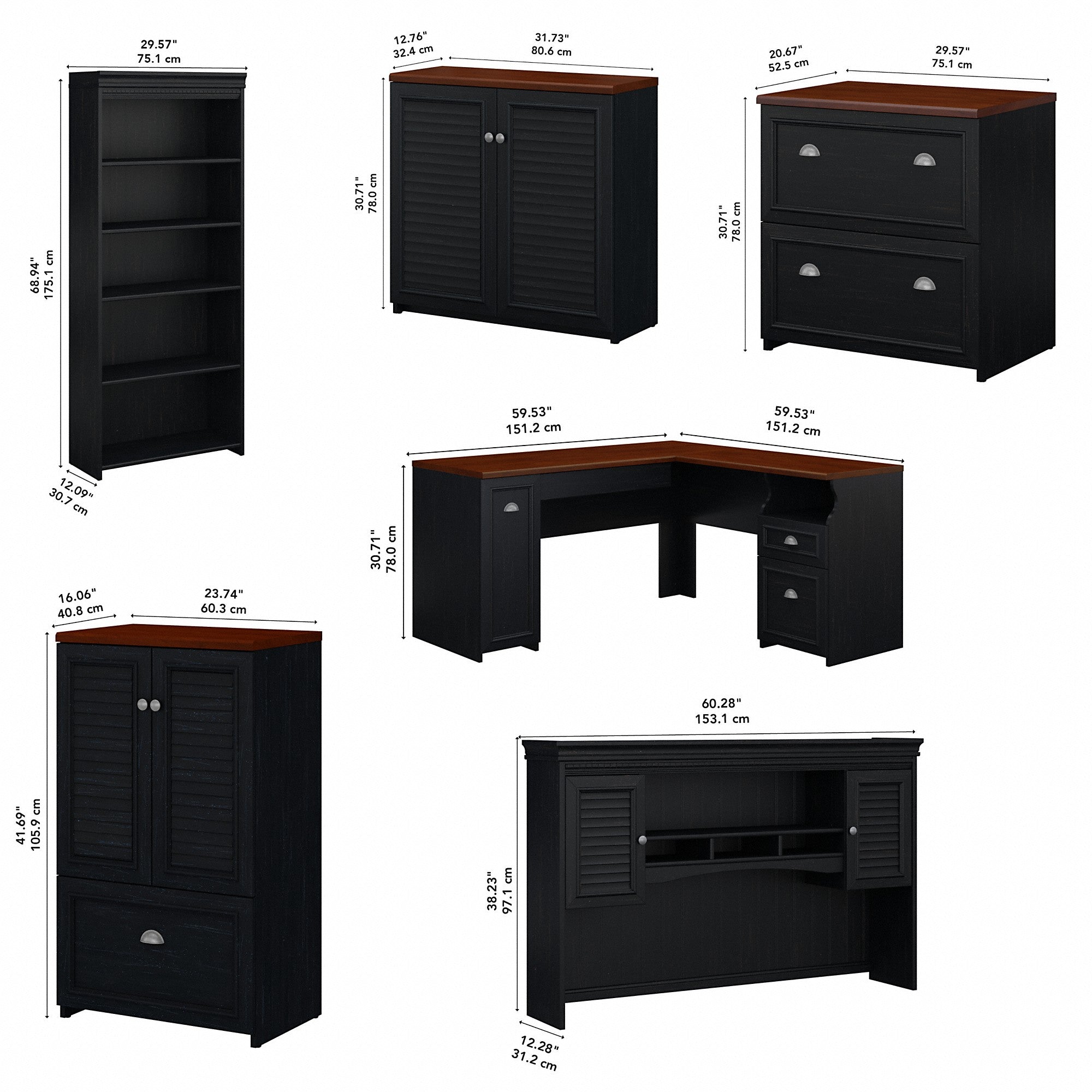 Bush Furniture Fairview 60W L Shaped Desk with Hutch, Bookcase, Storage and File Cabinets