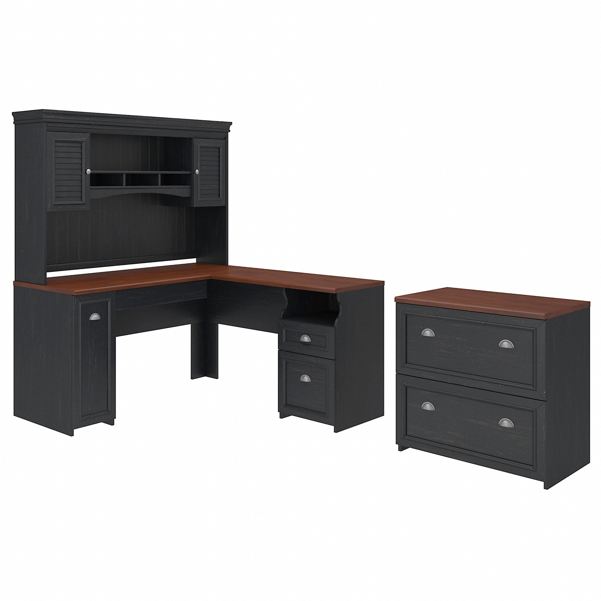 Bush Furniture Fairview L Shaped Desk with Hutch and Lateral File Cabinet