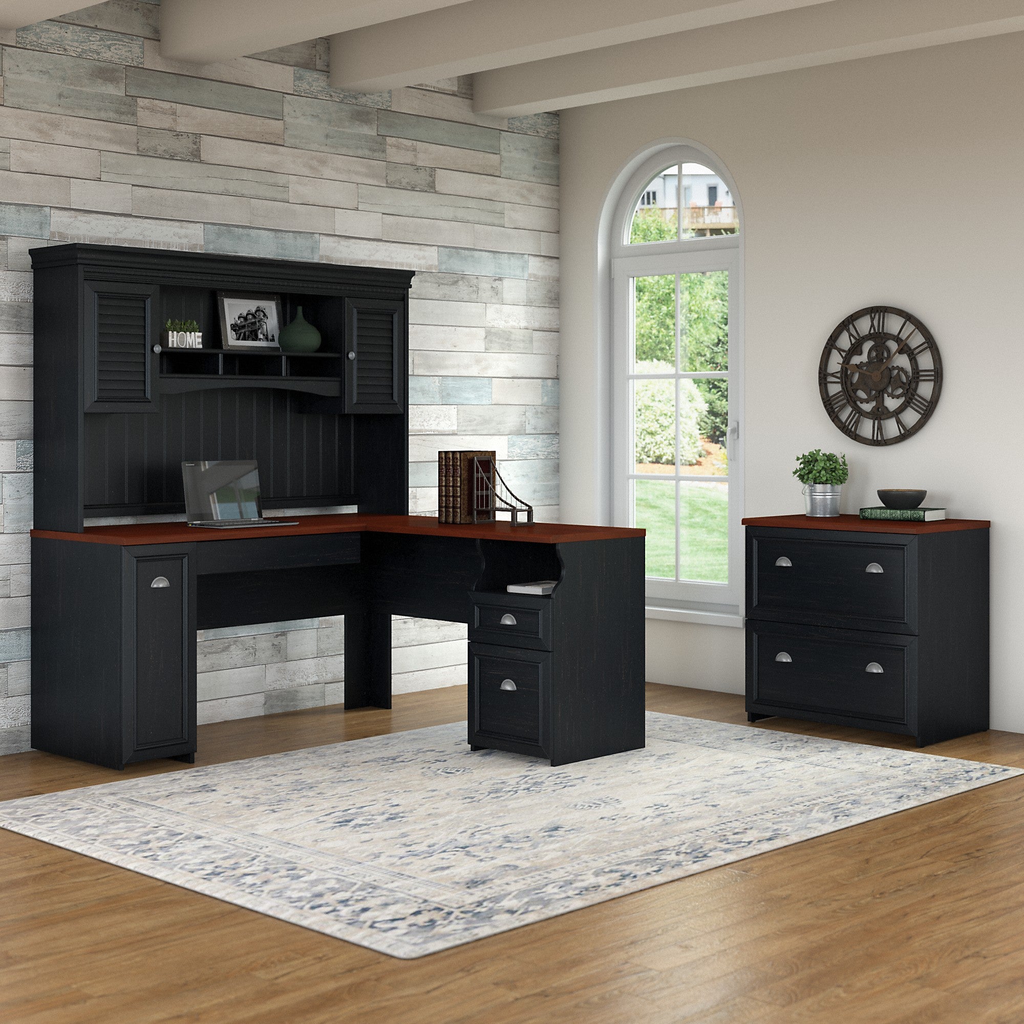 Bush Furniture Fairview L Shaped Desk with Hutch and Lateral File Cabinet