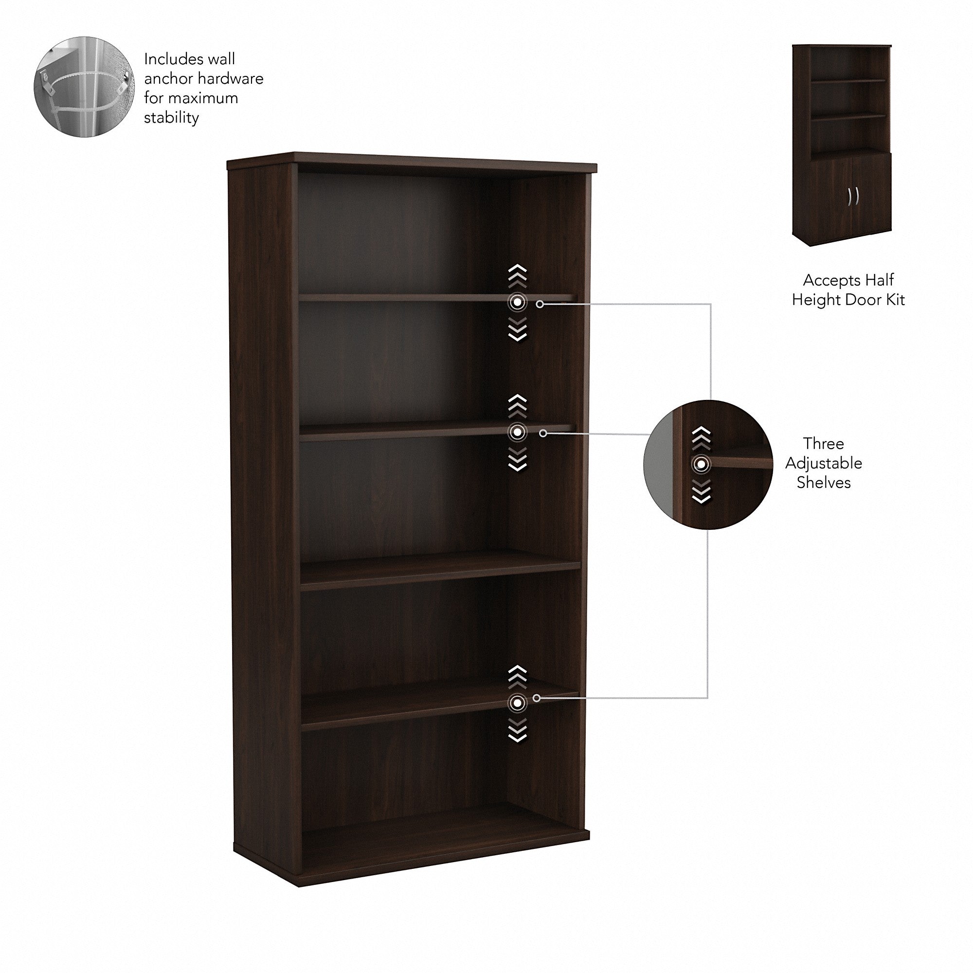 Bush Business Furniture Hybrid Tall 5 Shelf Bookcase with Doors