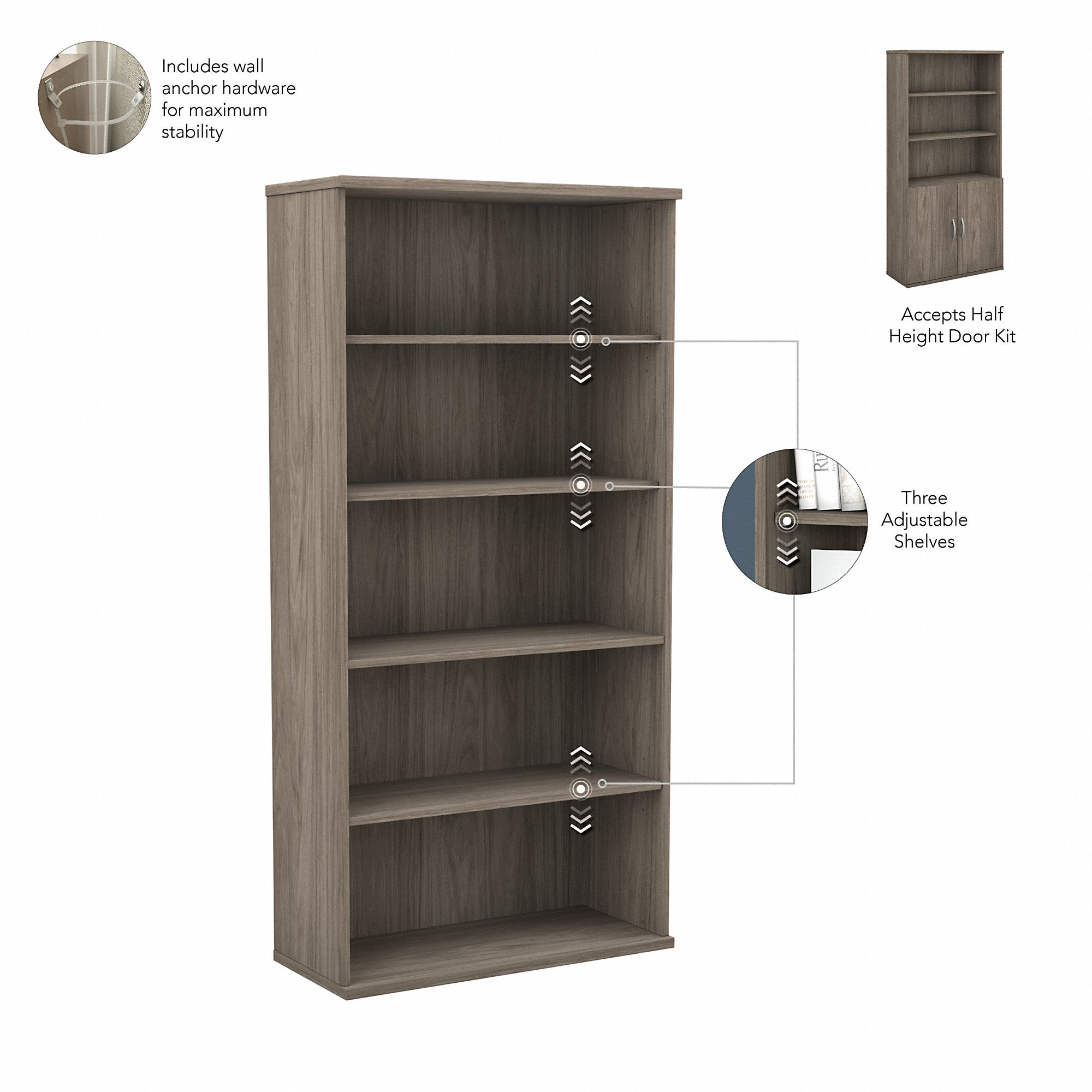 Bush Business Furniture Hybrid Tall 5 Shelf Bookcase with Doors