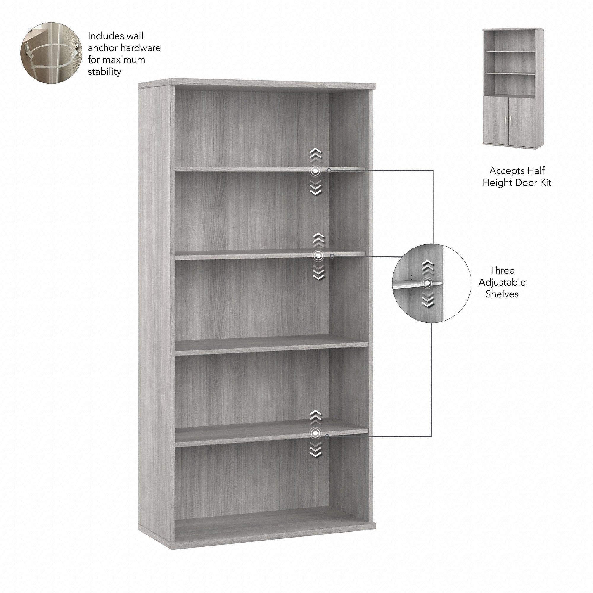 Bush Business Furniture Hybrid Tall 5 Shelf Bookcase with Doors