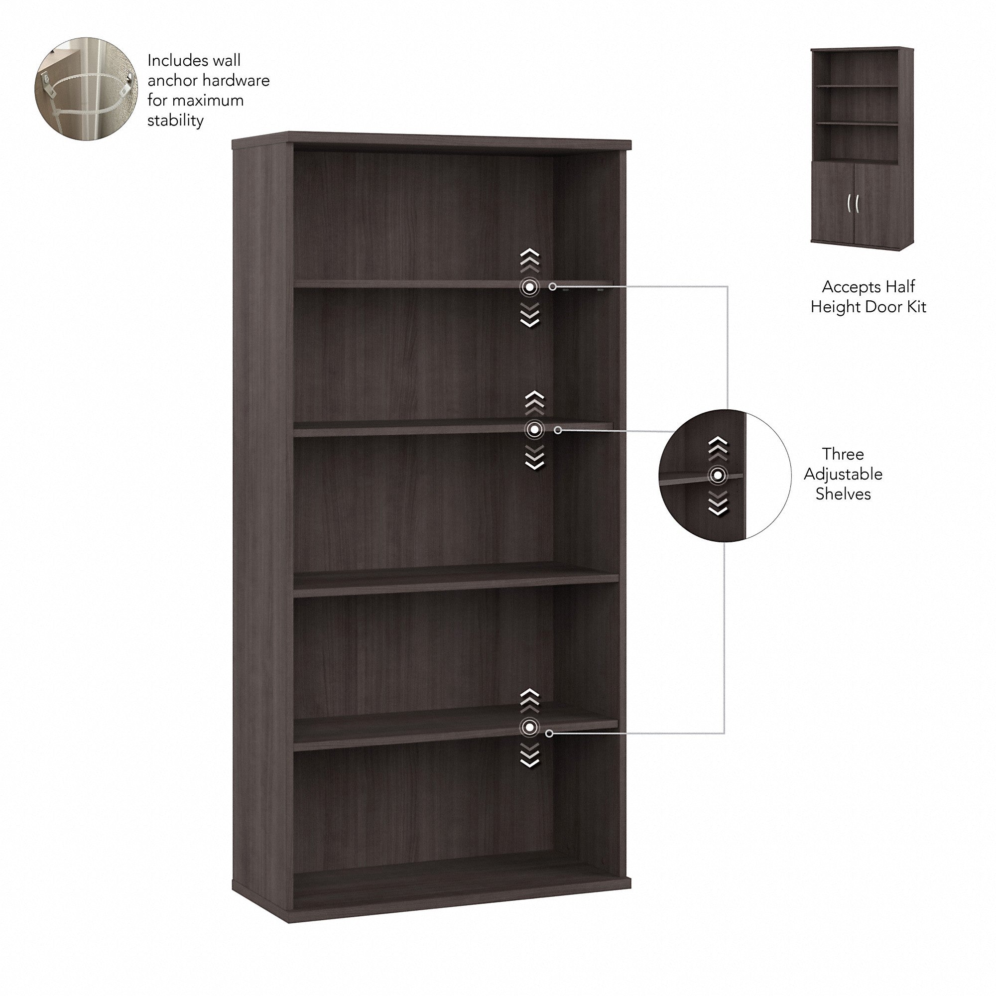 Bush Business Furniture Hybrid Tall 5 Shelf Bookcase with Doors