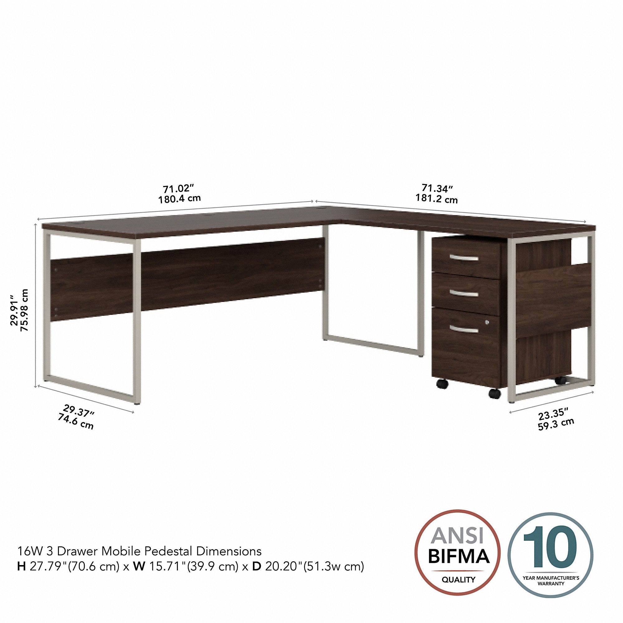 Bush Business Furniture Hybrid 72W x 30D L Shaped Table Desk with Mobile File Cabinet