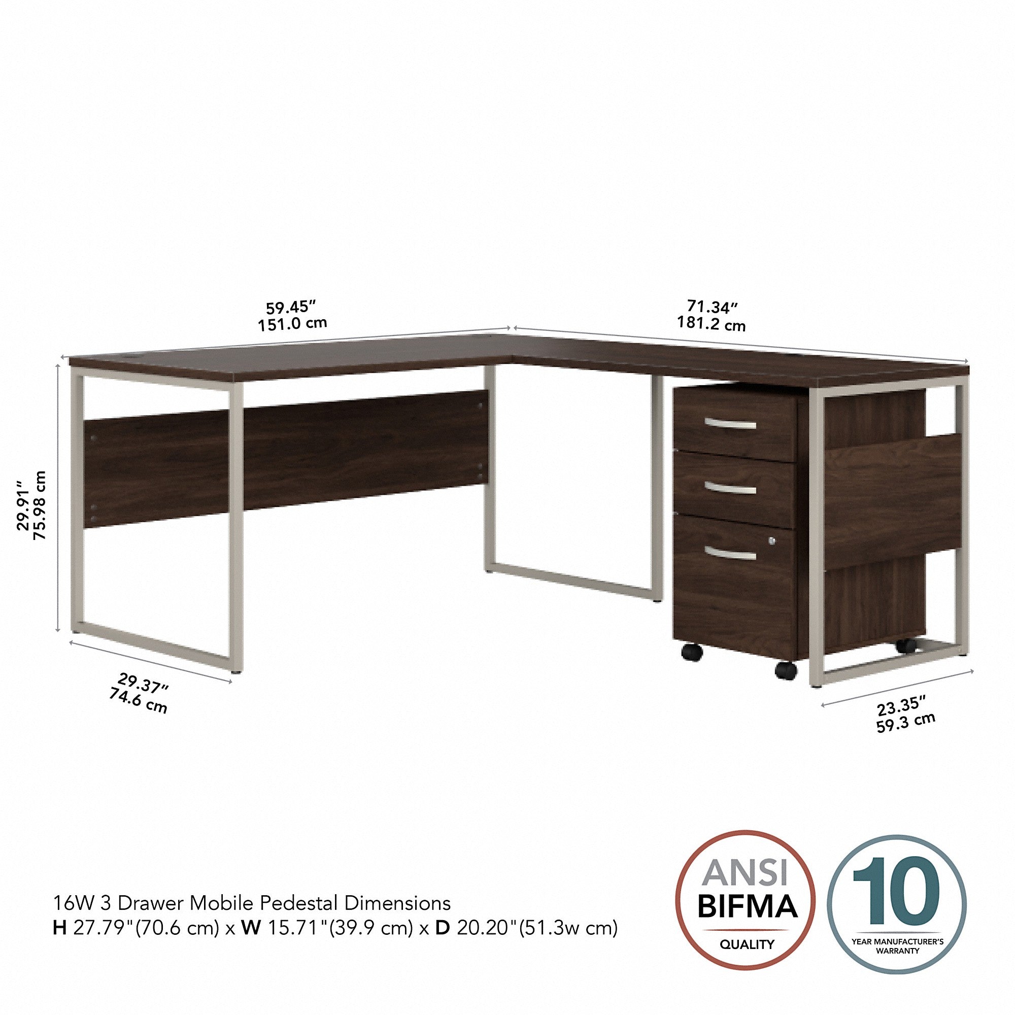 Bush Business Furniture Hybrid 60W x 30D L Shaped Table Desk with Mobile File Cabinet