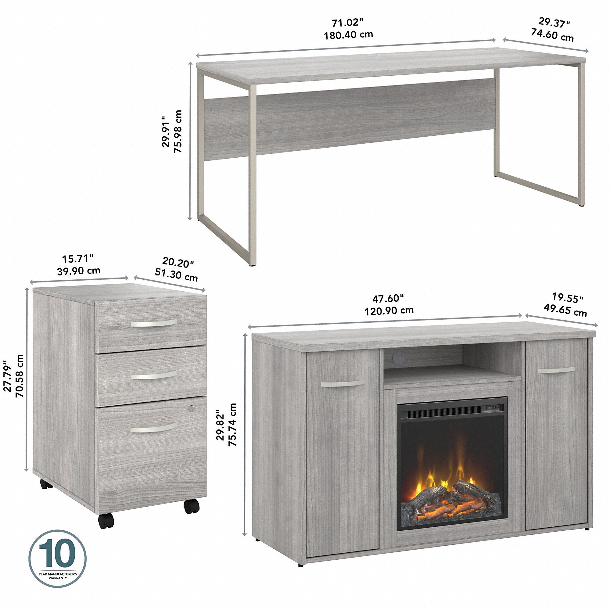 Bush Business Furniture Hybrid 72W x 30D Desk with 3 Drawer Mobile File Cabinet and 48 Electric Fireplace TV Stand