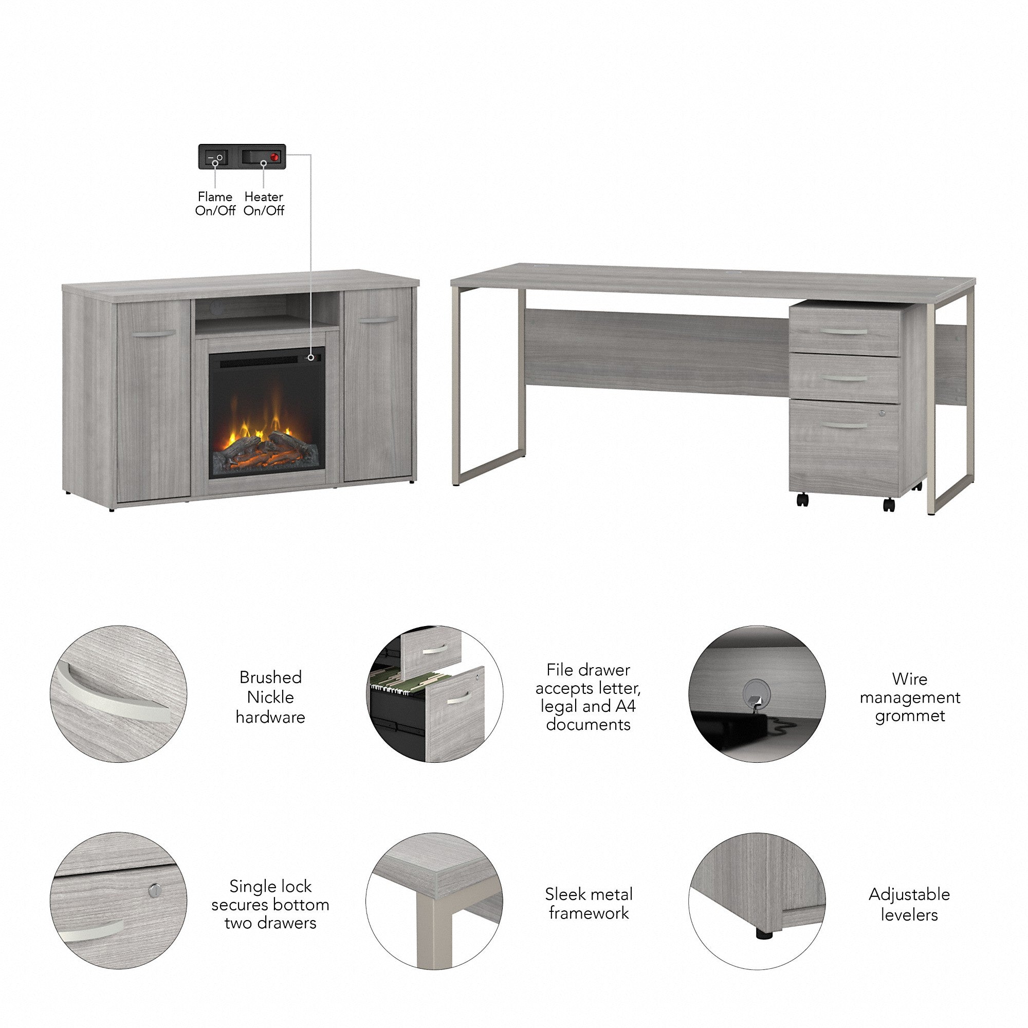 Bush Business Furniture Hybrid 72W x 30D Desk with 3 Drawer Mobile File Cabinet and 48 Electric Fireplace TV Stand