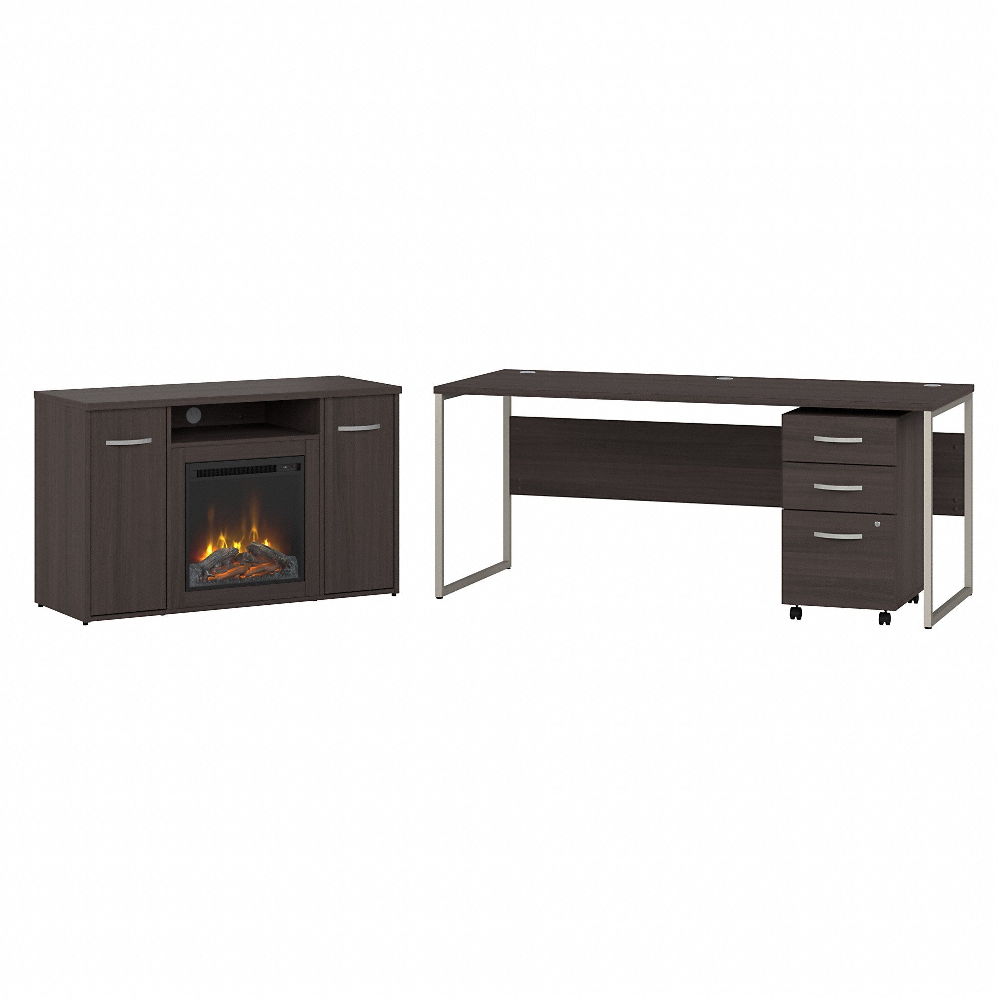 Bush Business Furniture Hybrid 72W x 30D Desk with 3 Drawer Mobile File Cabinet and 48 Electric Fireplace TV Stand