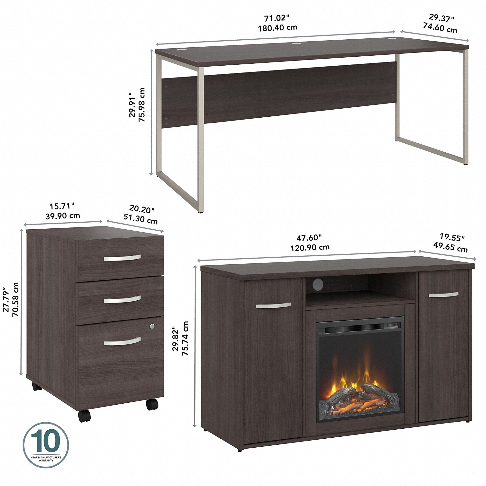 Bush Business Furniture Hybrid 72W x 30D Desk with 3 Drawer Mobile File Cabinet and 48 Electric Fireplace TV Stand