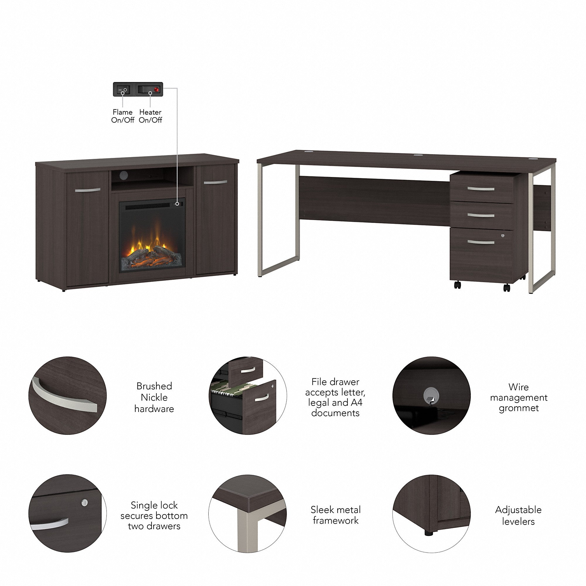 Bush Business Furniture Hybrid 72W x 30D Desk with 3 Drawer Mobile File Cabinet and 48 Electric Fireplace TV Stand