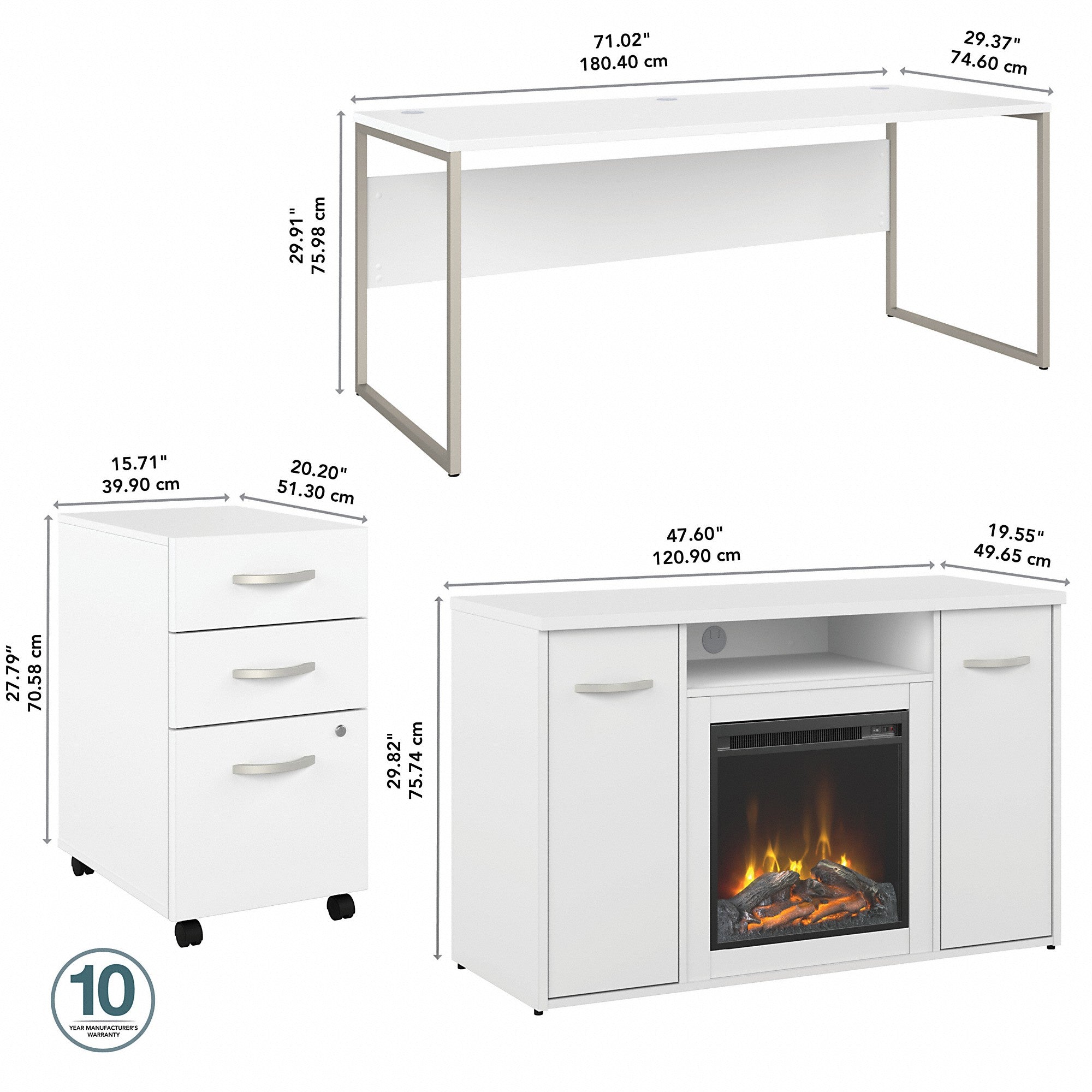 Bush Business Furniture Hybrid 72W x 30D Desk with 3 Drawer Mobile File Cabinet and 48 Electric Fireplace TV Stand