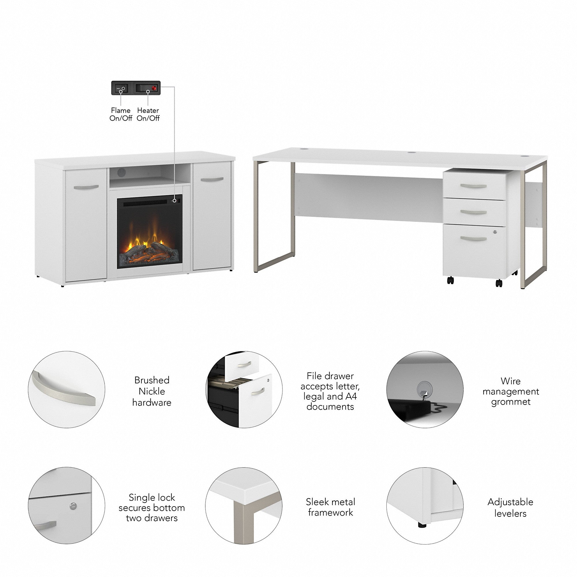 Bush Business Furniture Hybrid 72W x 30D Desk with 3 Drawer Mobile File Cabinet and 48 Electric Fireplace TV Stand