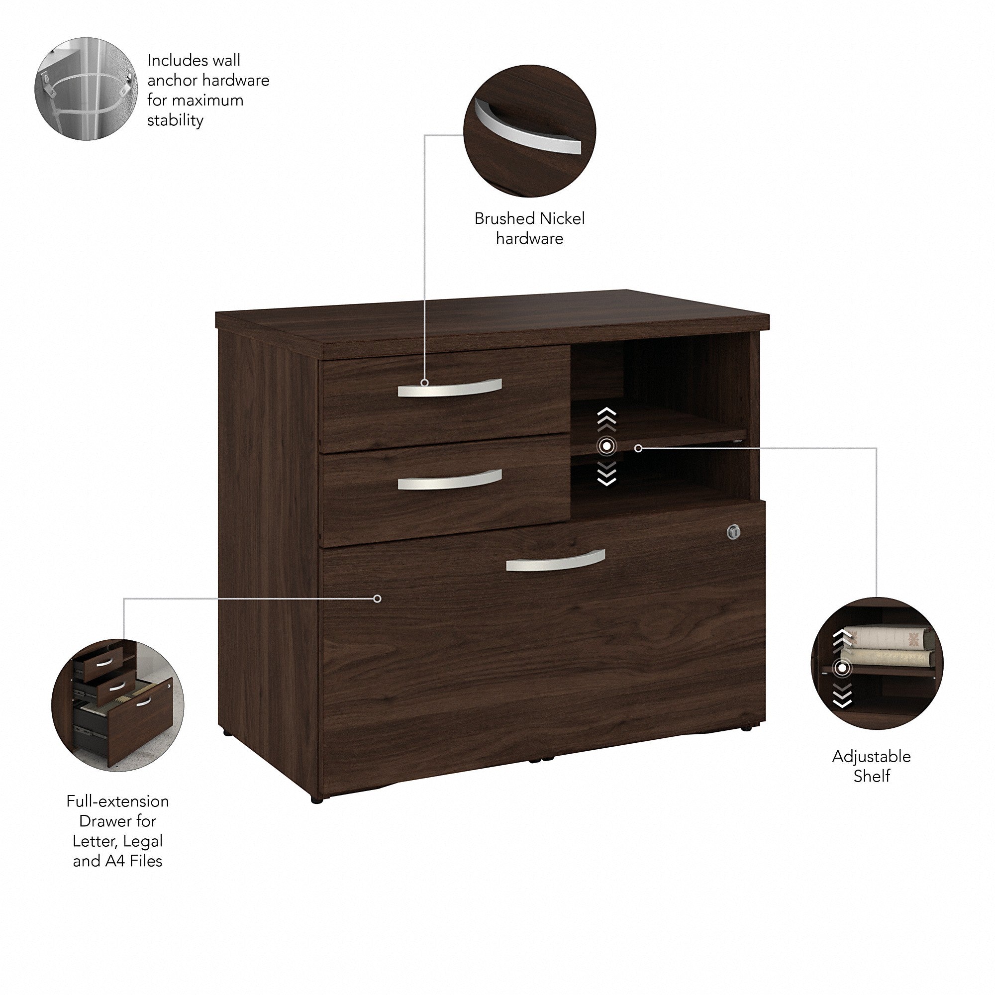 Bush Business Furniture Hybrid Office Storage Cabinet with Drawers and Shelves