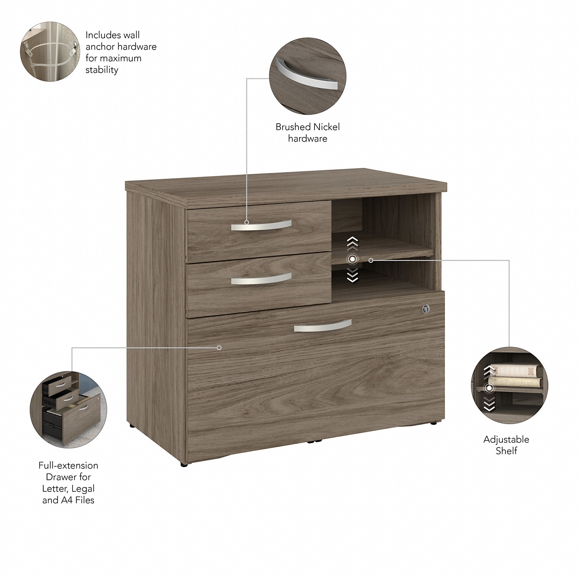 Bush Business Furniture Hybrid Office Storage Cabinet with Drawers and Shelves