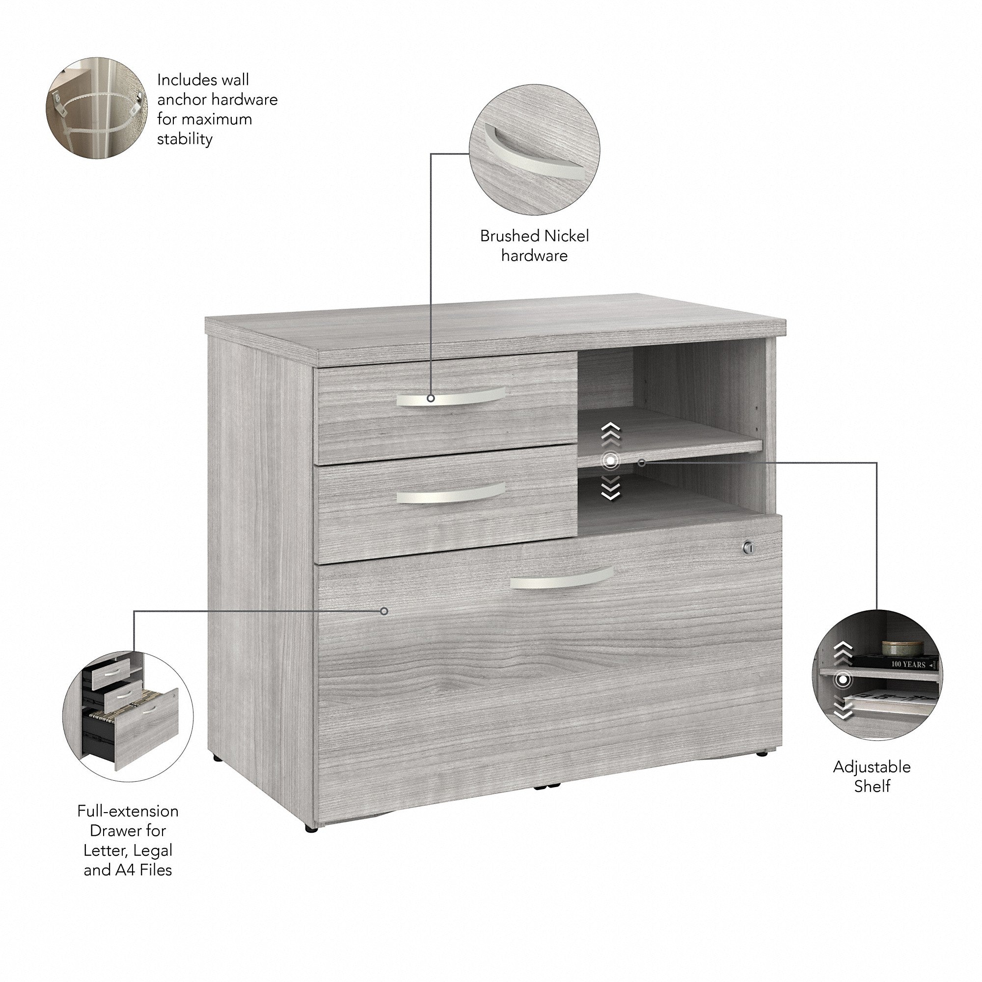 Bush Business Furniture Hybrid Office Storage Cabinet with Drawers and Shelves