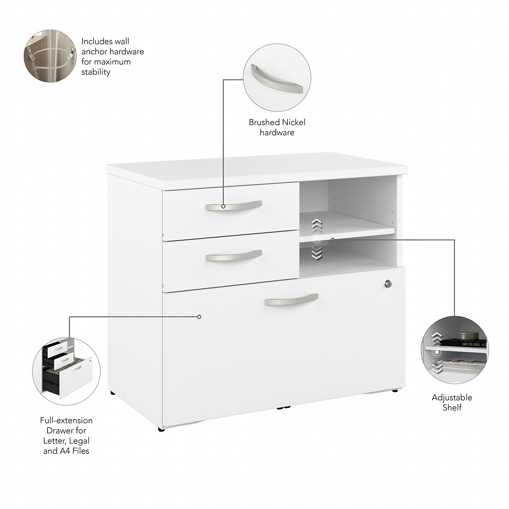 Bush Business Furniture Hybrid Office Storage Cabinet with Drawers and Shelves