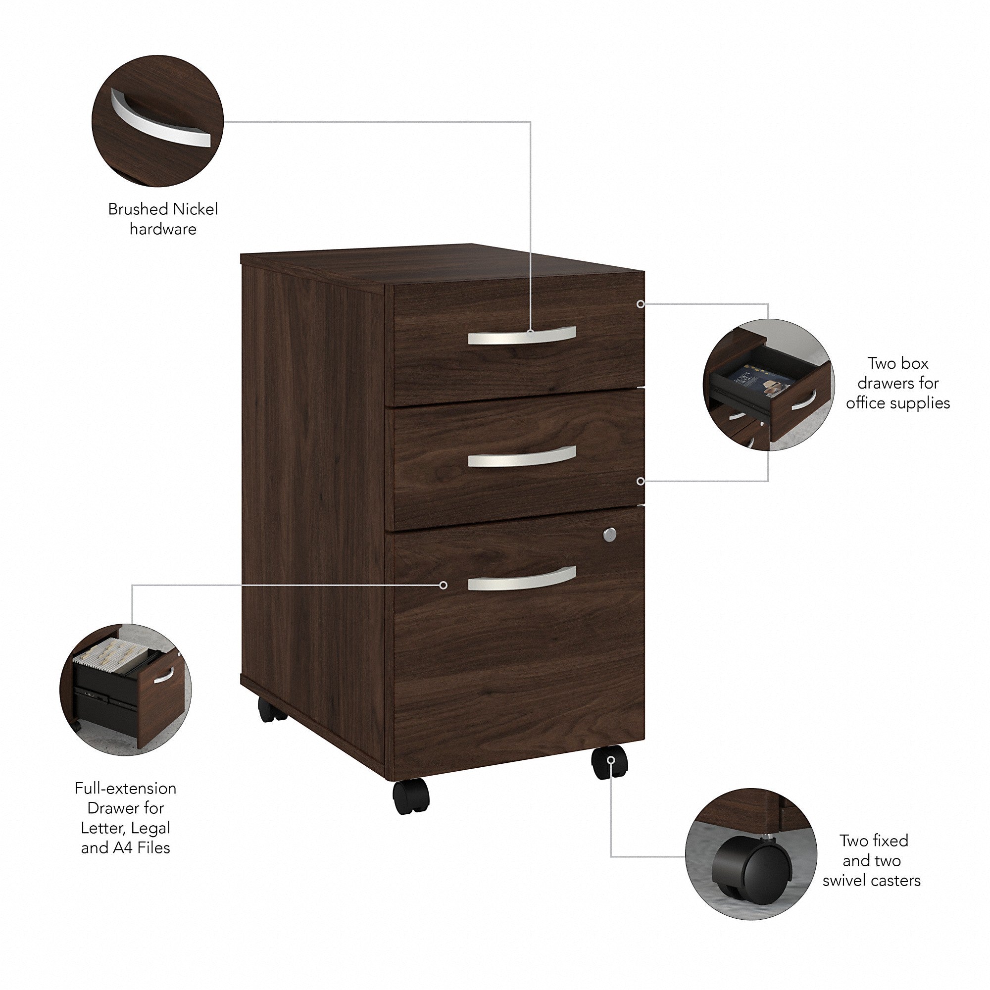 Bush Business Furniture Hybrid 3 Drawer Mobile File Cabinet - Assembled