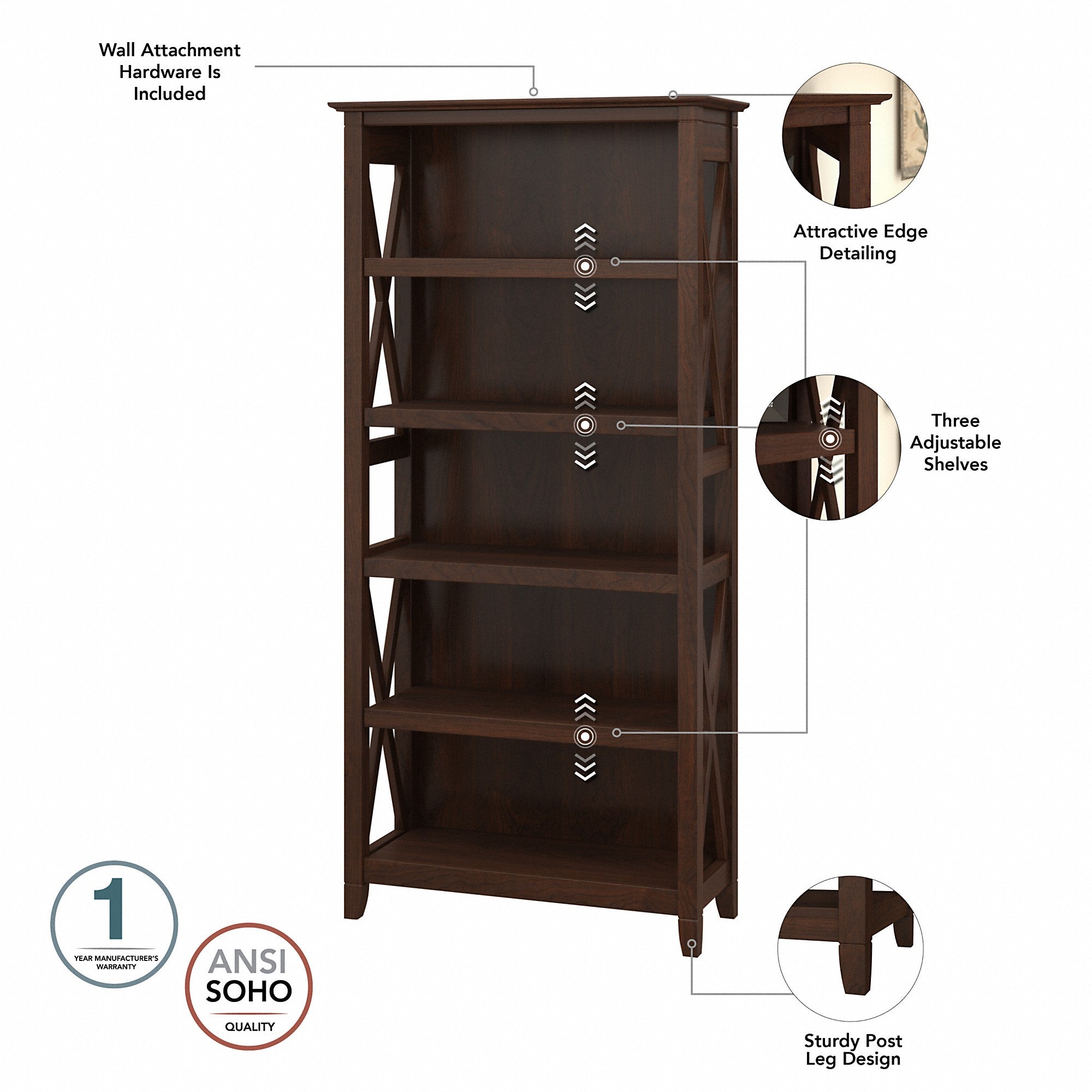 Bush Furniture Key West Tall 5 Shelf Bookcase