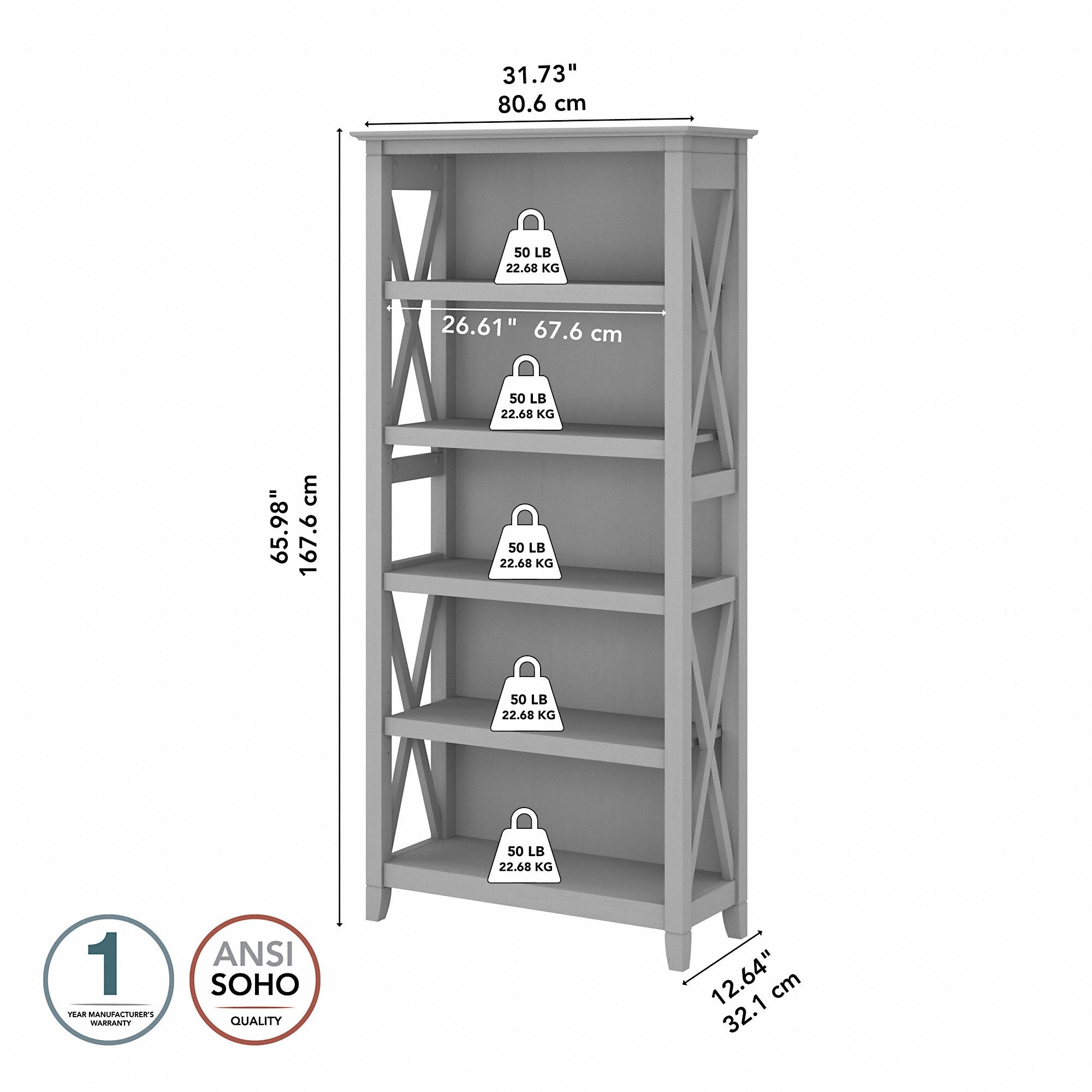 Bush Furniture Key West Tall 5 Shelf Bookcase