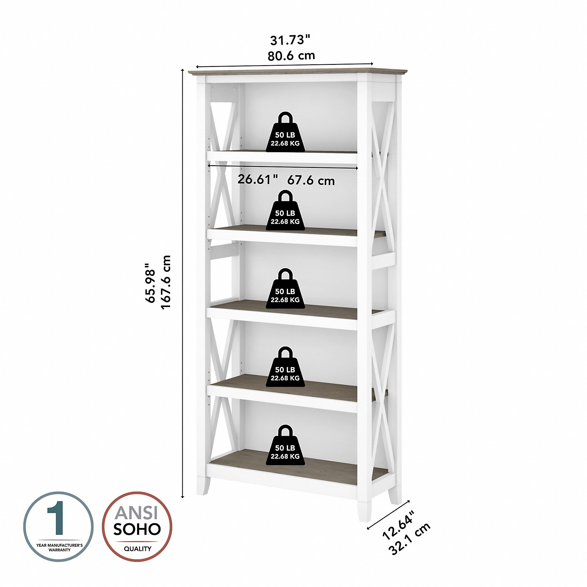 Bush Furniture Key West Tall 5 Shelf Bookcase