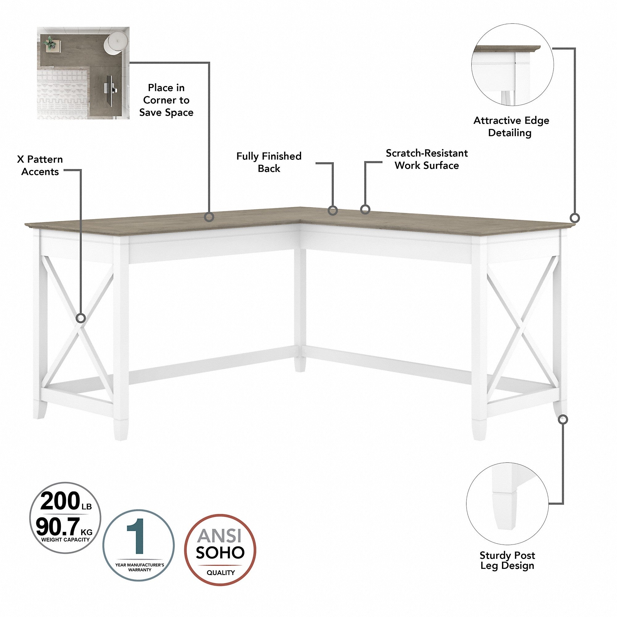 Bush Furniture Key West 60W L Shaped Desk