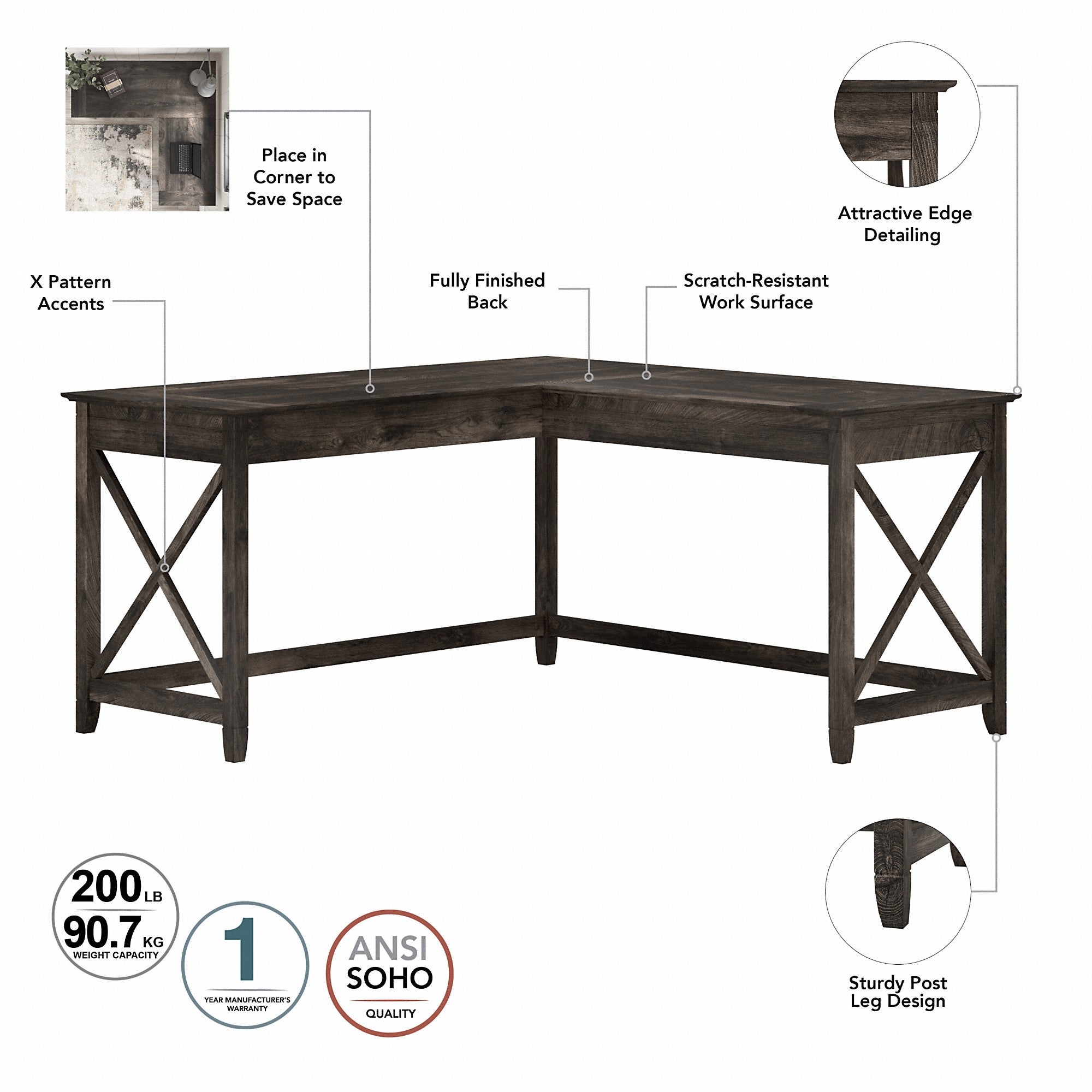 Bush Furniture Key West 60W L Shaped Desk