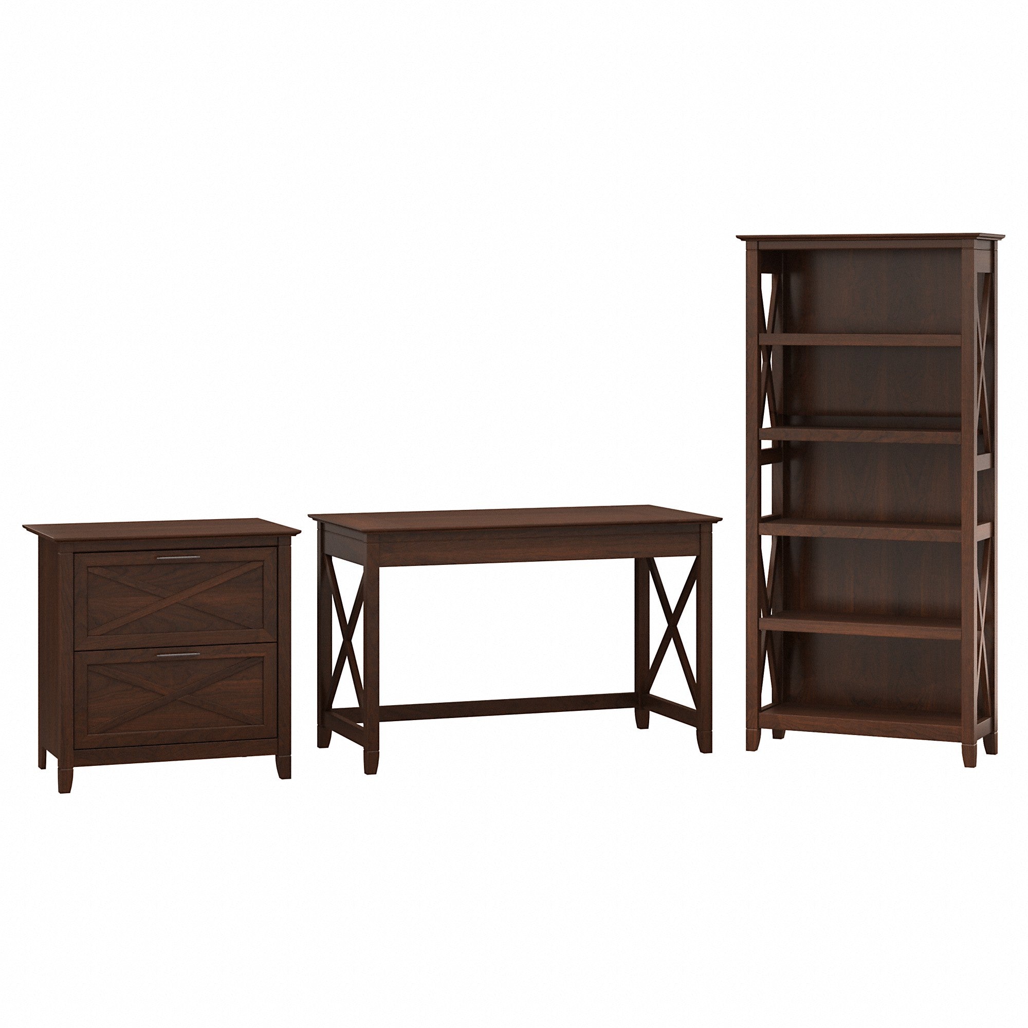 Bush Furniture Key West 48W Writing Desk with 2 Drawer Lateral File Cabinet and 5 Shelf Bookcase