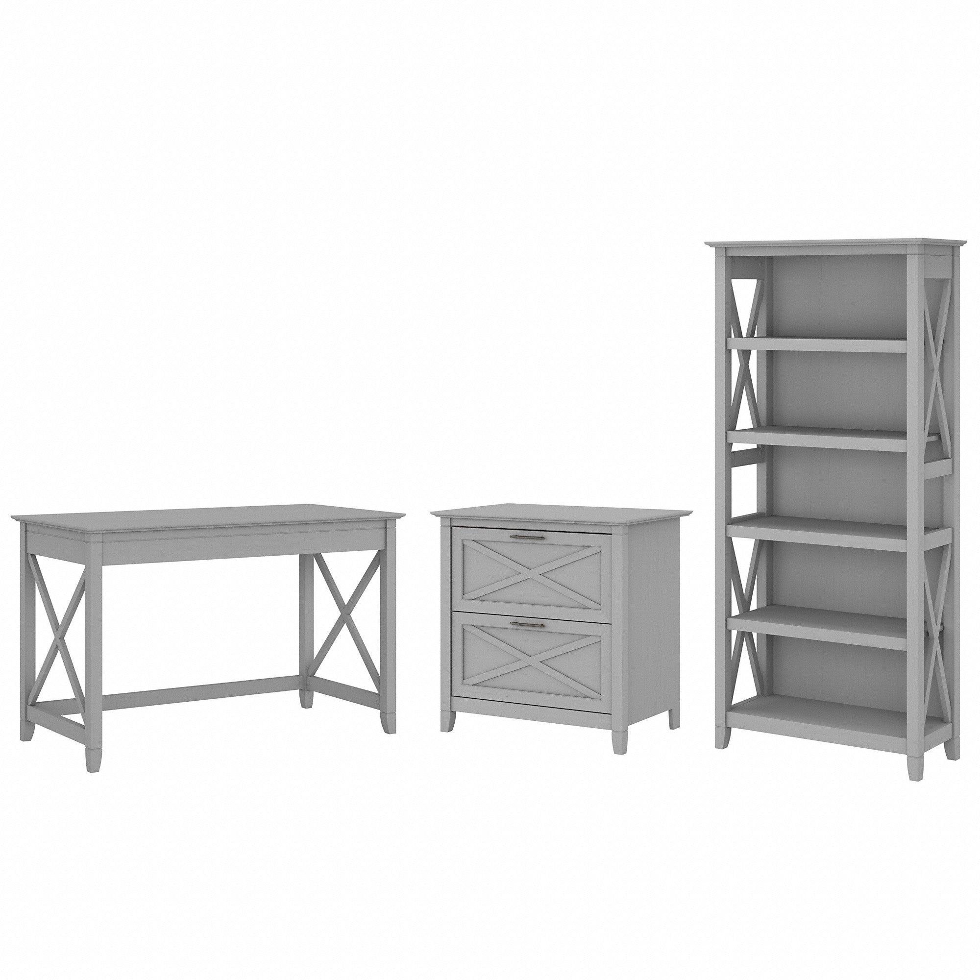 Bush Furniture Key West 48W Writing Desk with 2 Drawer Lateral File Cabinet and 5 Shelf Bookcase