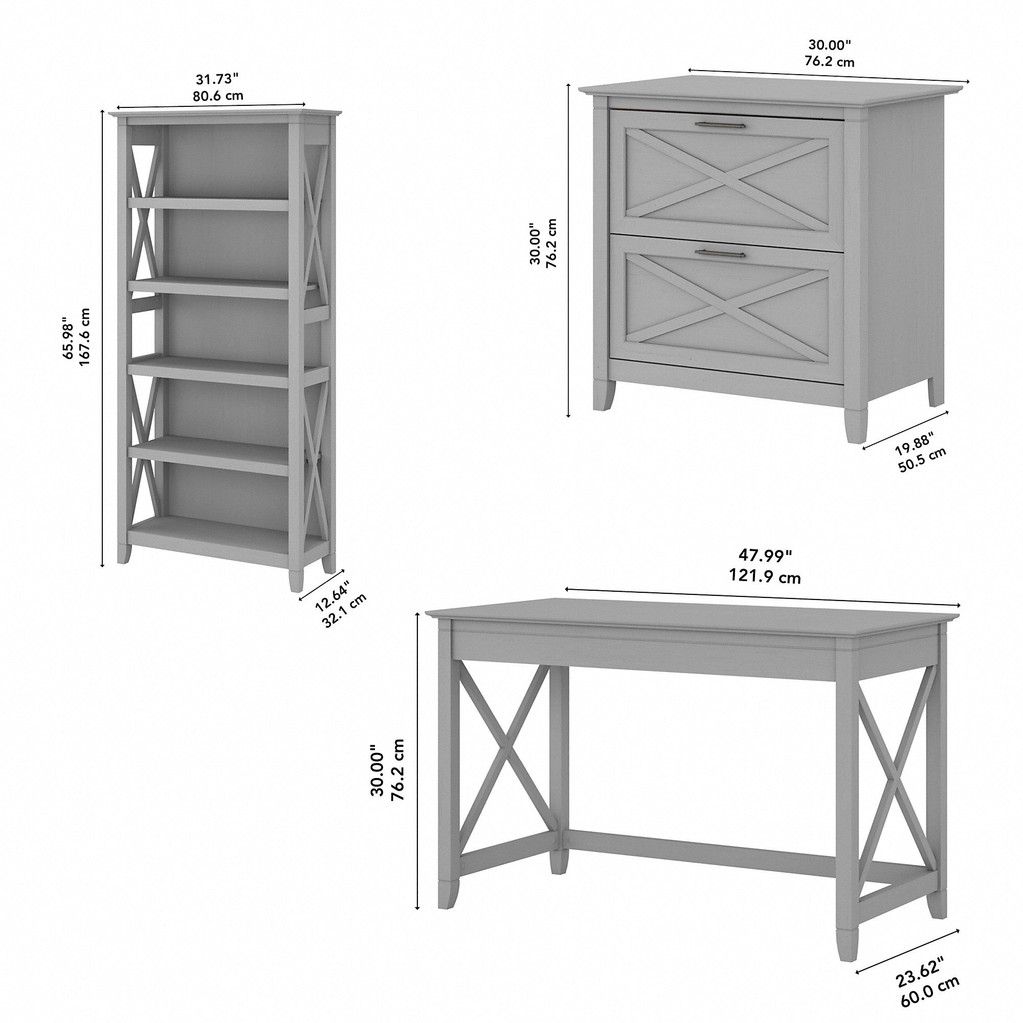 Bush Furniture Key West 48W Writing Desk with 2 Drawer Lateral File Cabinet and 5 Shelf Bookcase