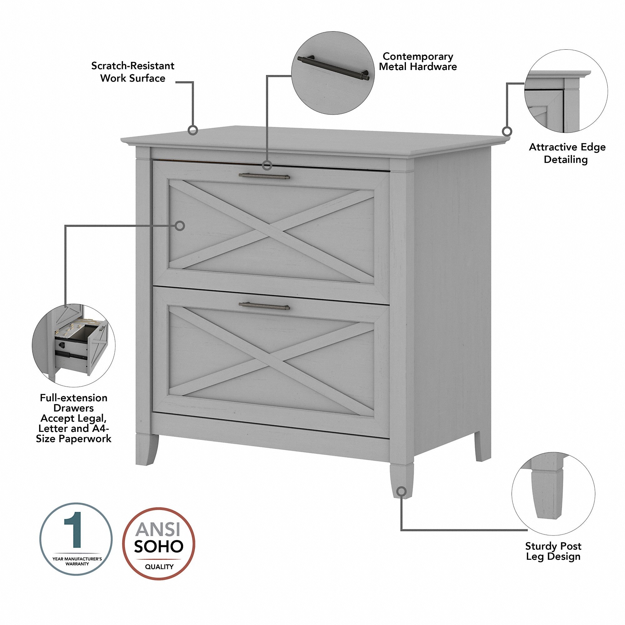 Bush Furniture Key West 48W Writing Desk with 2 Drawer Lateral File Cabinet and 5 Shelf Bookcase