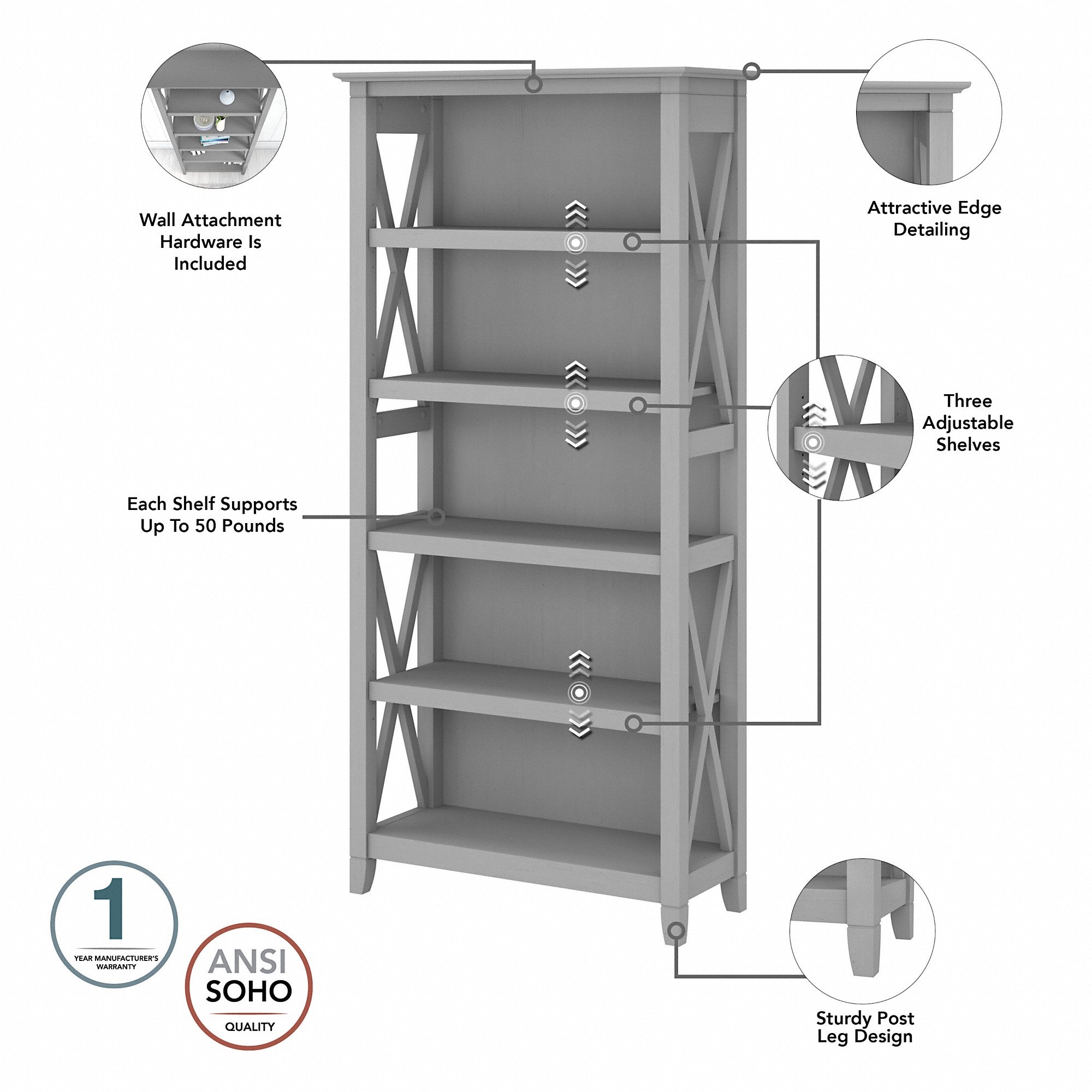 Bush Furniture Key West 48W Writing Desk with 2 Drawer Lateral File Cabinet and 5 Shelf Bookcase